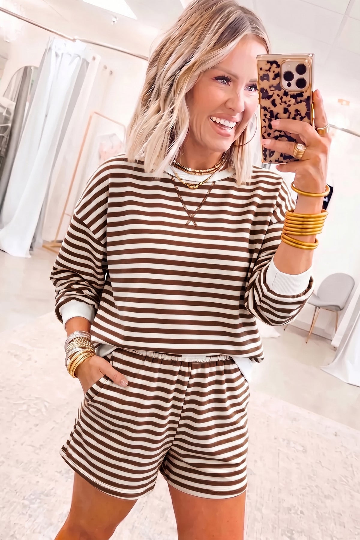 Grapefruit Orange Drop Shoulder Long Sleeve Pullover Elastic Waist Casual Short Set