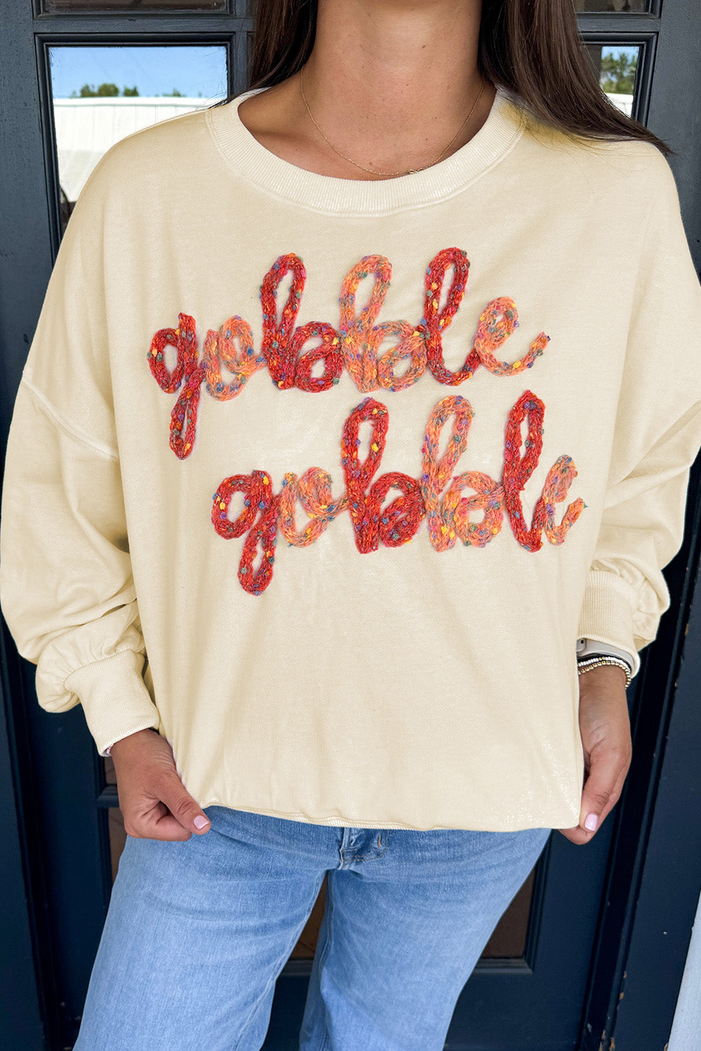 Apricot Thanksgiving Gobble Gobble Embroidered Pattern Drop Shoulder Crew Neck Sweatshirt-Tops/Sweatshirts & Hoodies-[Adult]-[Female]-Apricot-S-2022 Online Blue Zone Planet