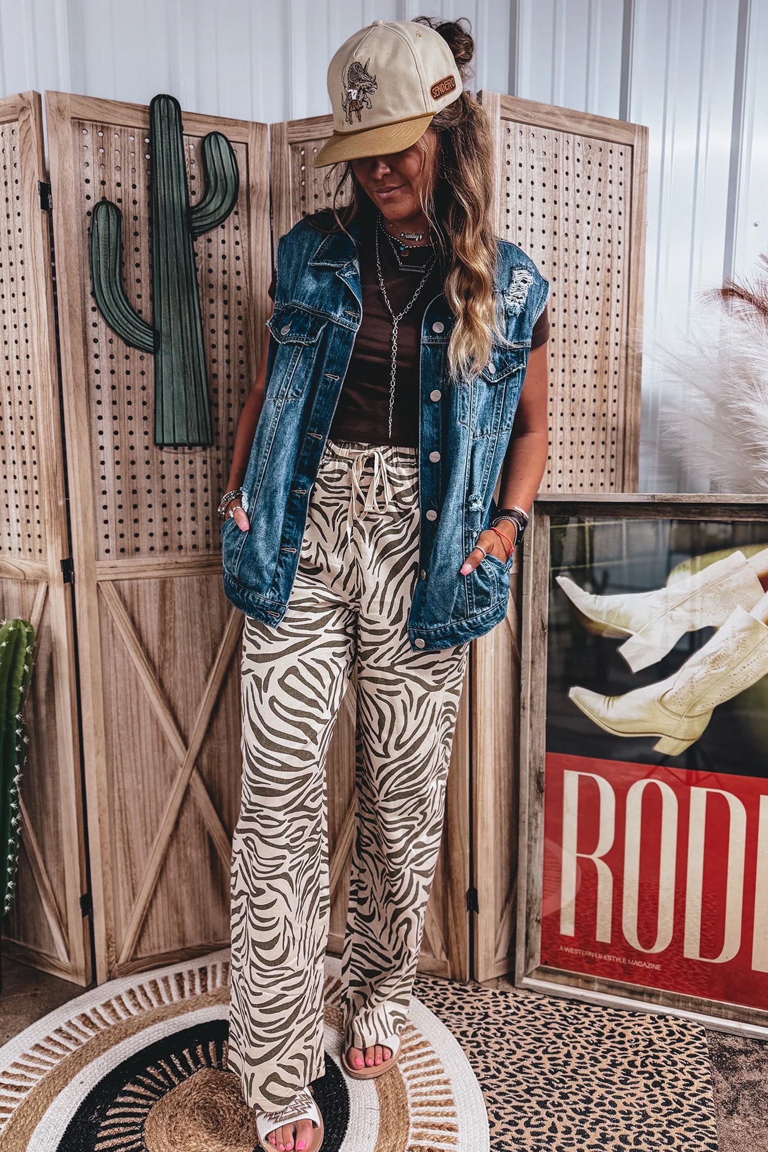 Multicolour Western Print Zebra Pattern Elastic Waist Pocket Full-Length Pants-Bottoms/Pants & Culotte-[Adult]-[Female]-2022 Online Blue Zone Planet