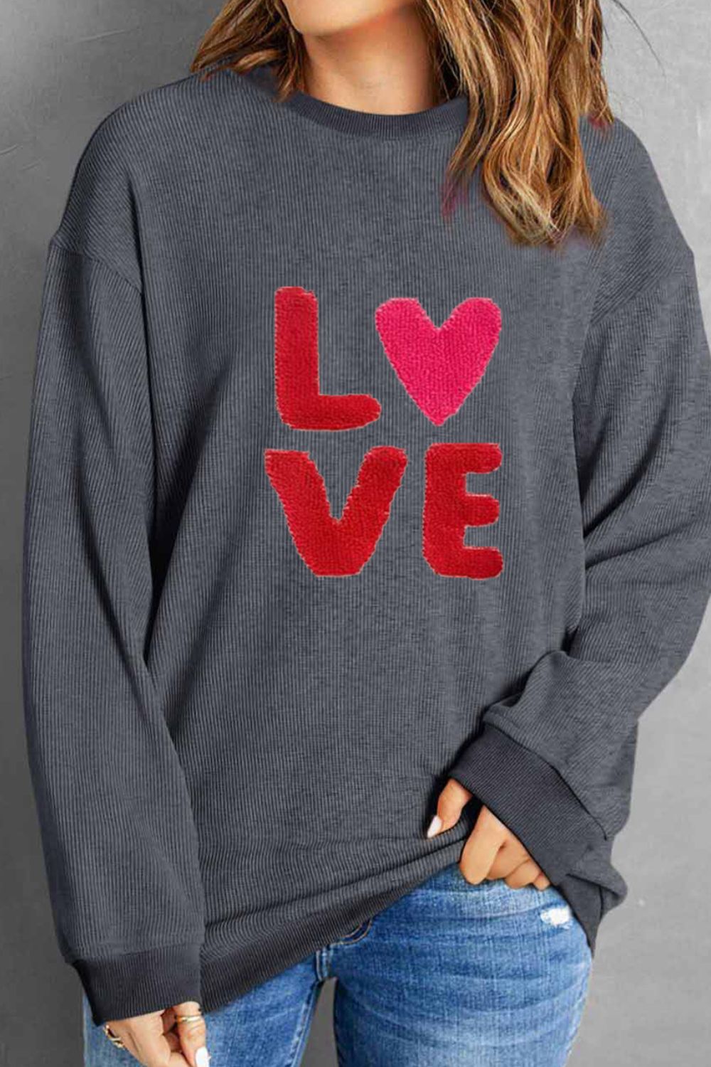 Blue Zone Planet | Valentine’s Day LOVE Round Neck Long Sleeve Sweatshirt-TOPS / DRESSES-[Adult]-[Female]-2022 Online Blue Zone Planet