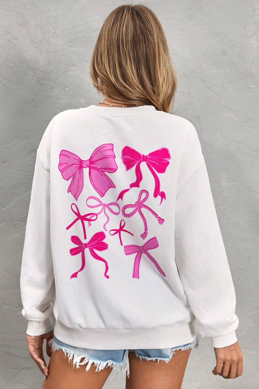 White Bow Graphic Casual Crewneck Sweatshirt-Graphic Sweatshirts-[Adult]-[Female]-2022 Online Blue Zone Planet