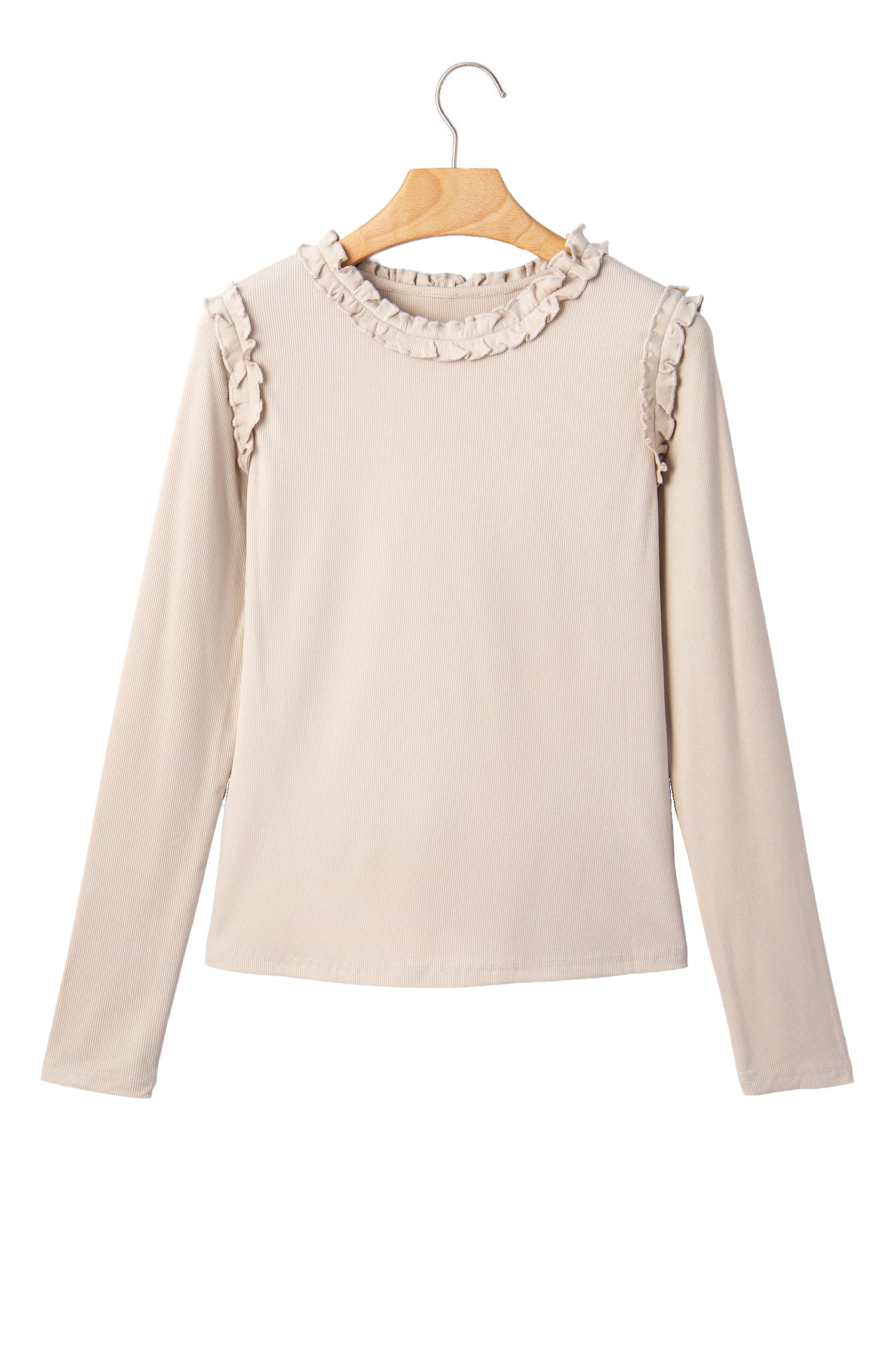 Beige Solid Color Round Neck Frill Detail Long Sleeve Top-Tops/Long Sleeve Tops-[Adult]-[Female]-2022 Online Blue Zone Planet