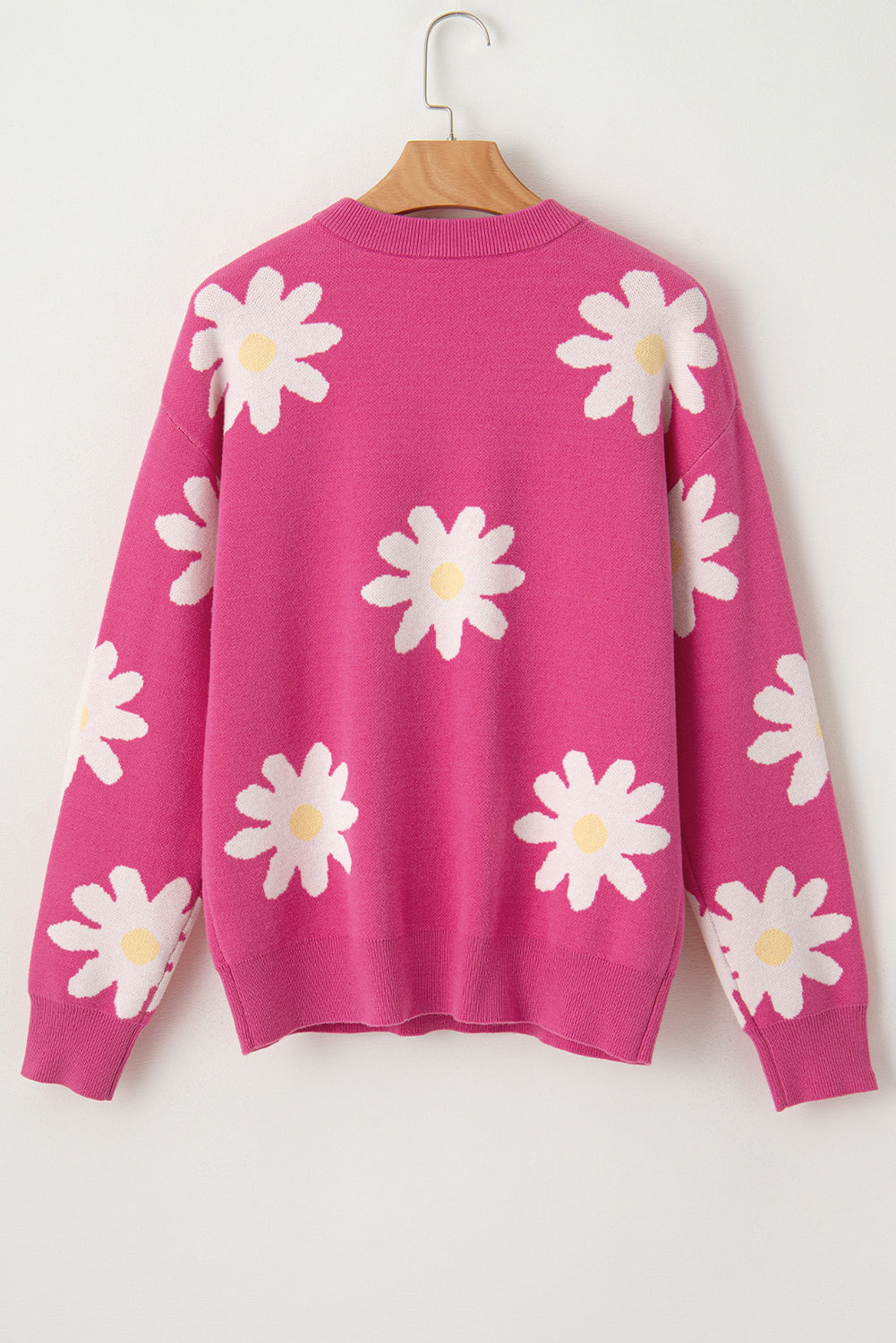 Bright Pink Daisy Ribbed Hem Sweater-Sweaters-[Adult]-[Female]-2022 Online Blue Zone Planet