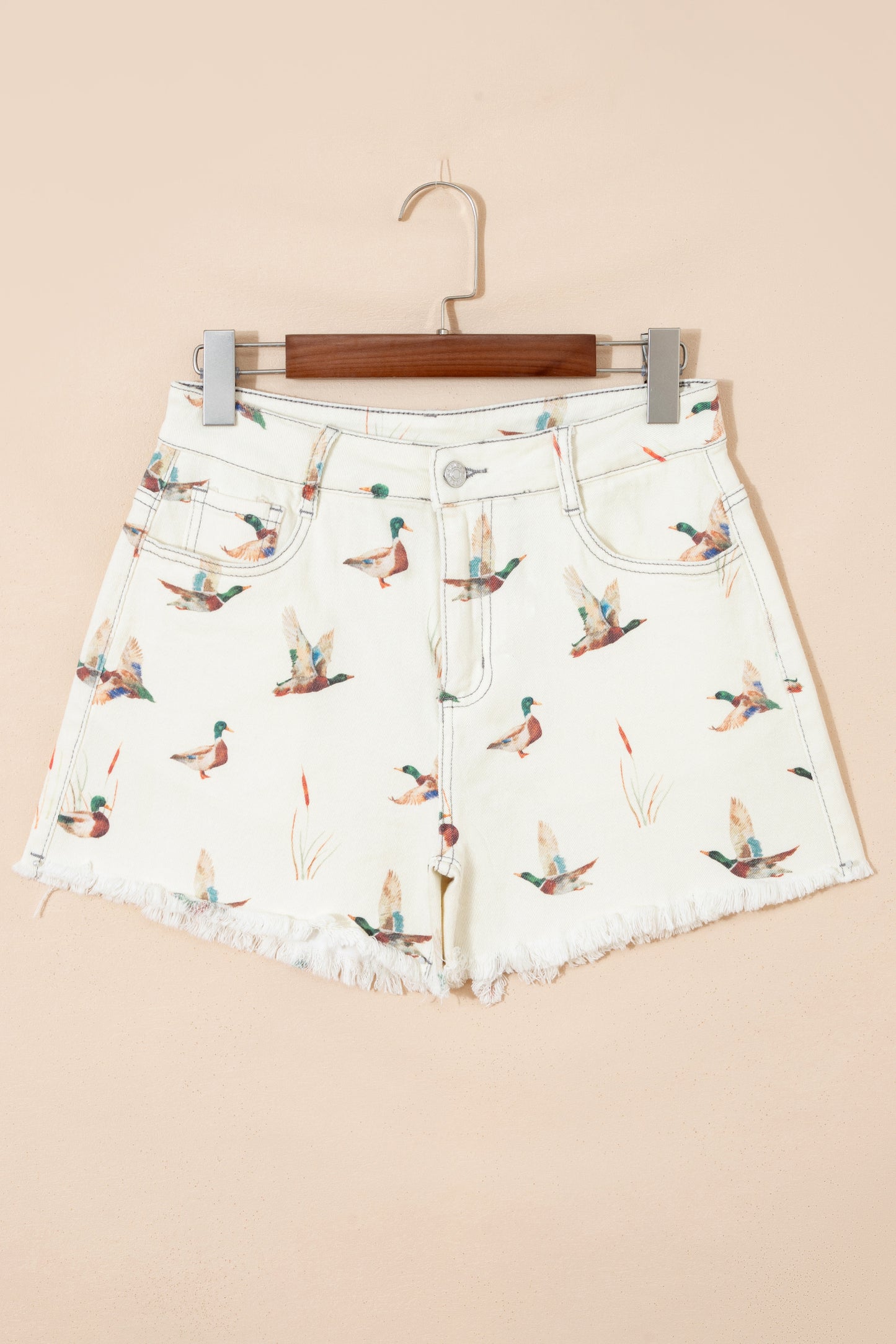 Beige Wild Duck Mallard High Waist Frayed Denim Shorts-Bottoms/Denim Shorts-[Adult]-[Female]-2022 Online Blue Zone Planet