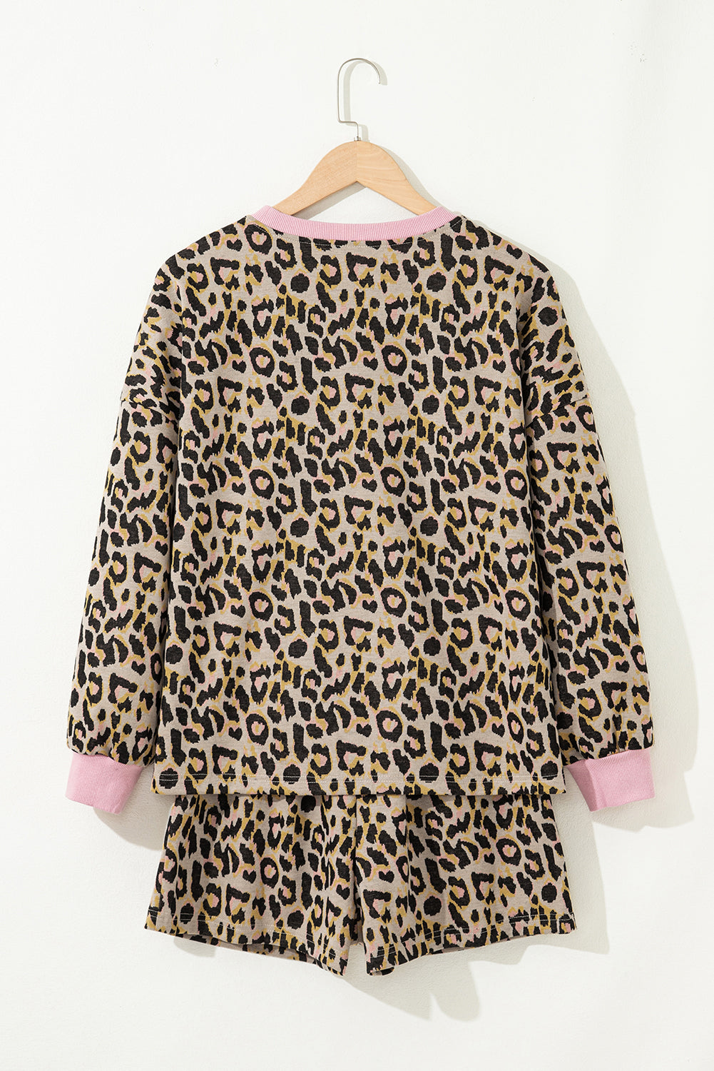 Pink Leopard Print Contrast Edge Long Sleeve Pullover Shorts Set-Two Piece Sets/Short Sets-[Adult]-[Female]-2022 Online Blue Zone Planet