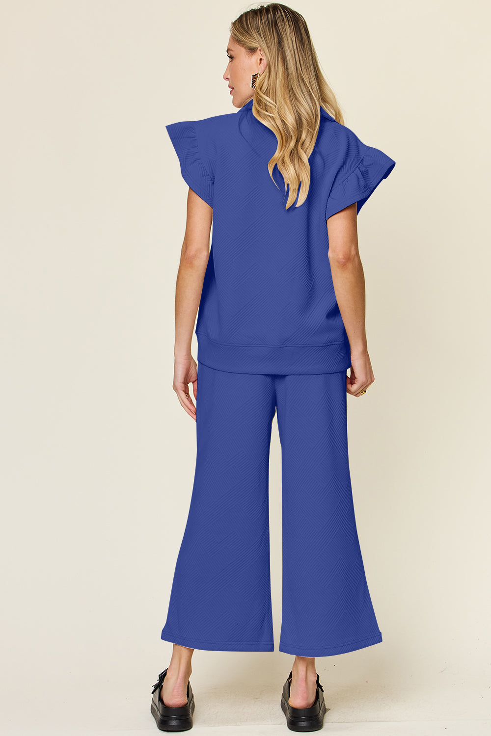 Blue Zone Planet | Double Take Texture Ruffle Short Sleeve Top and Drawstring Wide Leg Pants Set-TOPS / DRESSES-[Adult]-[Female]-2022 Online Blue Zone Planet