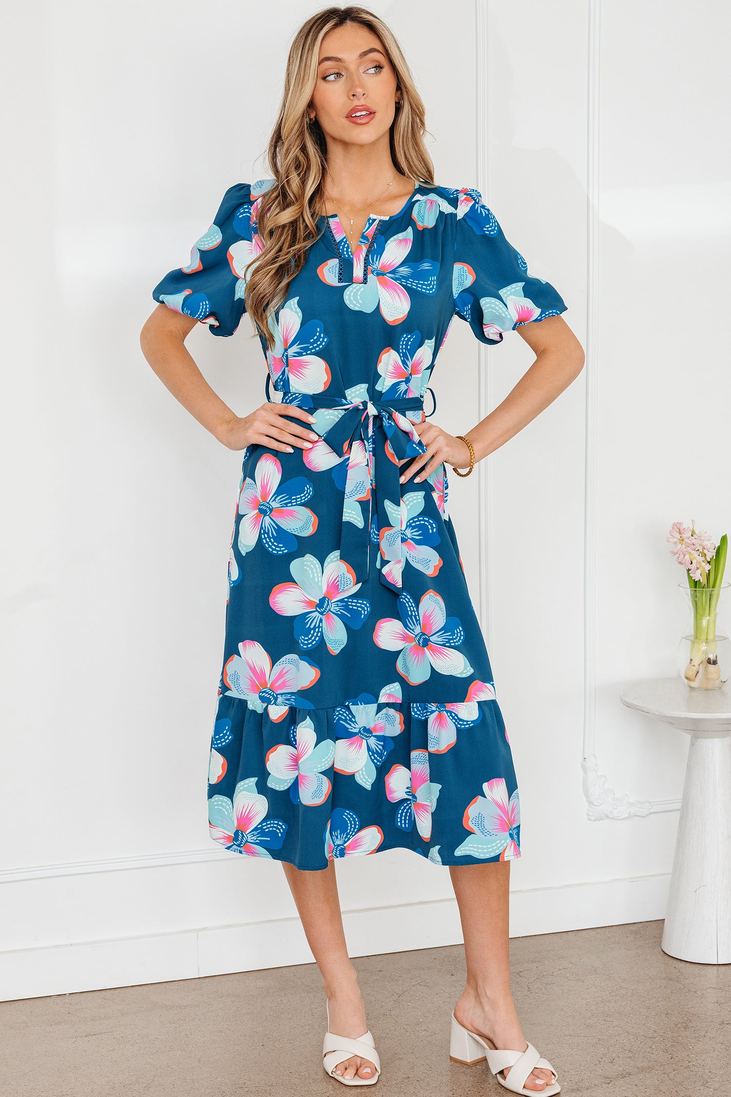 Blue Floral Print Short Puff Sleeve Ruffle Hem Belted Long Dress-TOPS / DRESSES-[Adult]-[Female]-2022 Online Blue Zone Planet