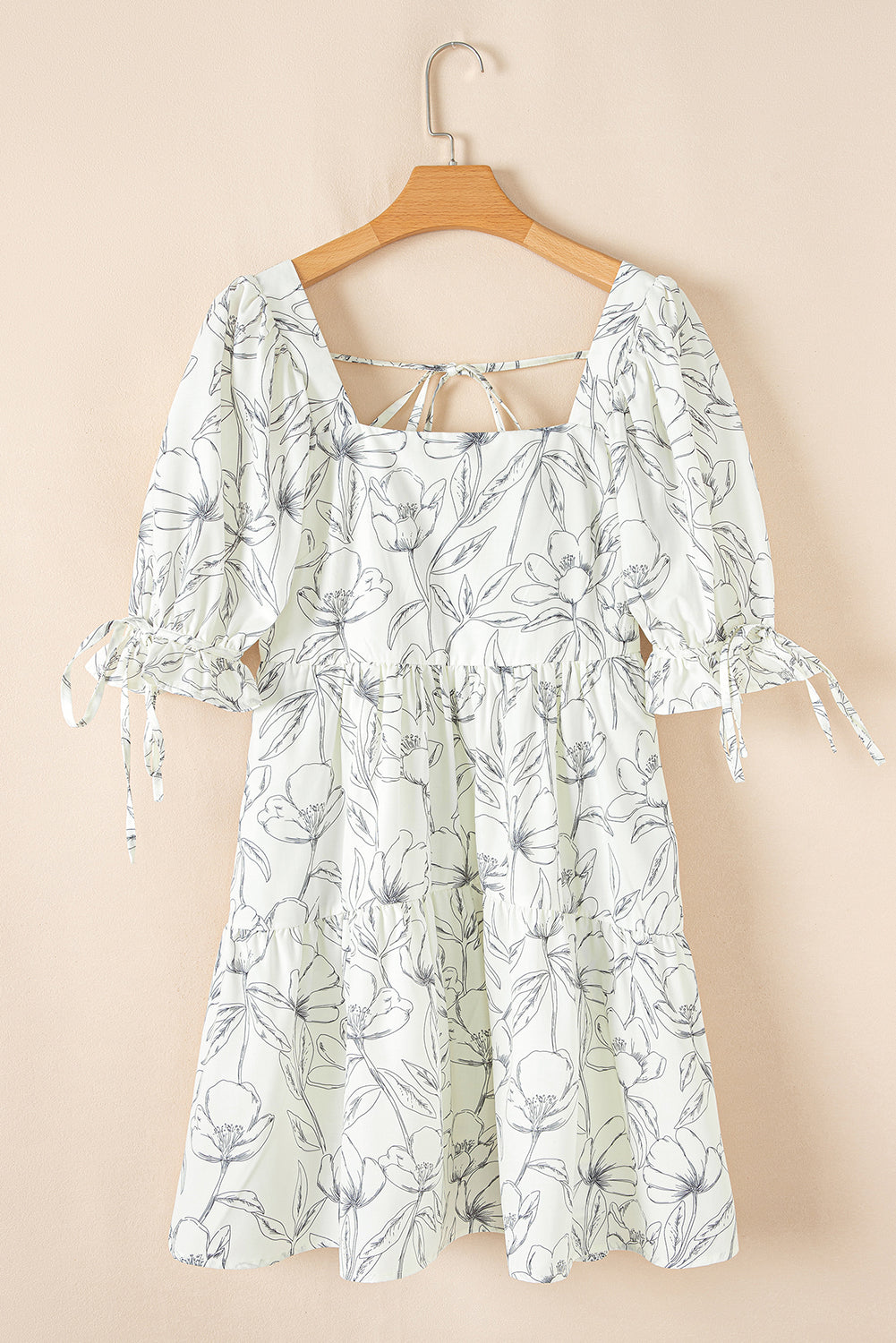 Beige Floral Print Square Neck Shirred Back Puff Sleeve Mini Dress-TOPS / DRESSES-[Adult]-[Female]-2022 Online Blue Zone Planet