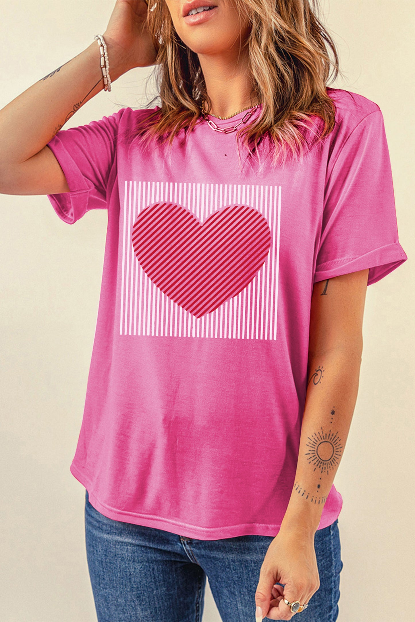 Sachet Pink Contrast Striped Heart Printed Valentines Day T Shirt-Graphic Tees-[Adult]-[Female]-2022 Online Blue Zone Planet