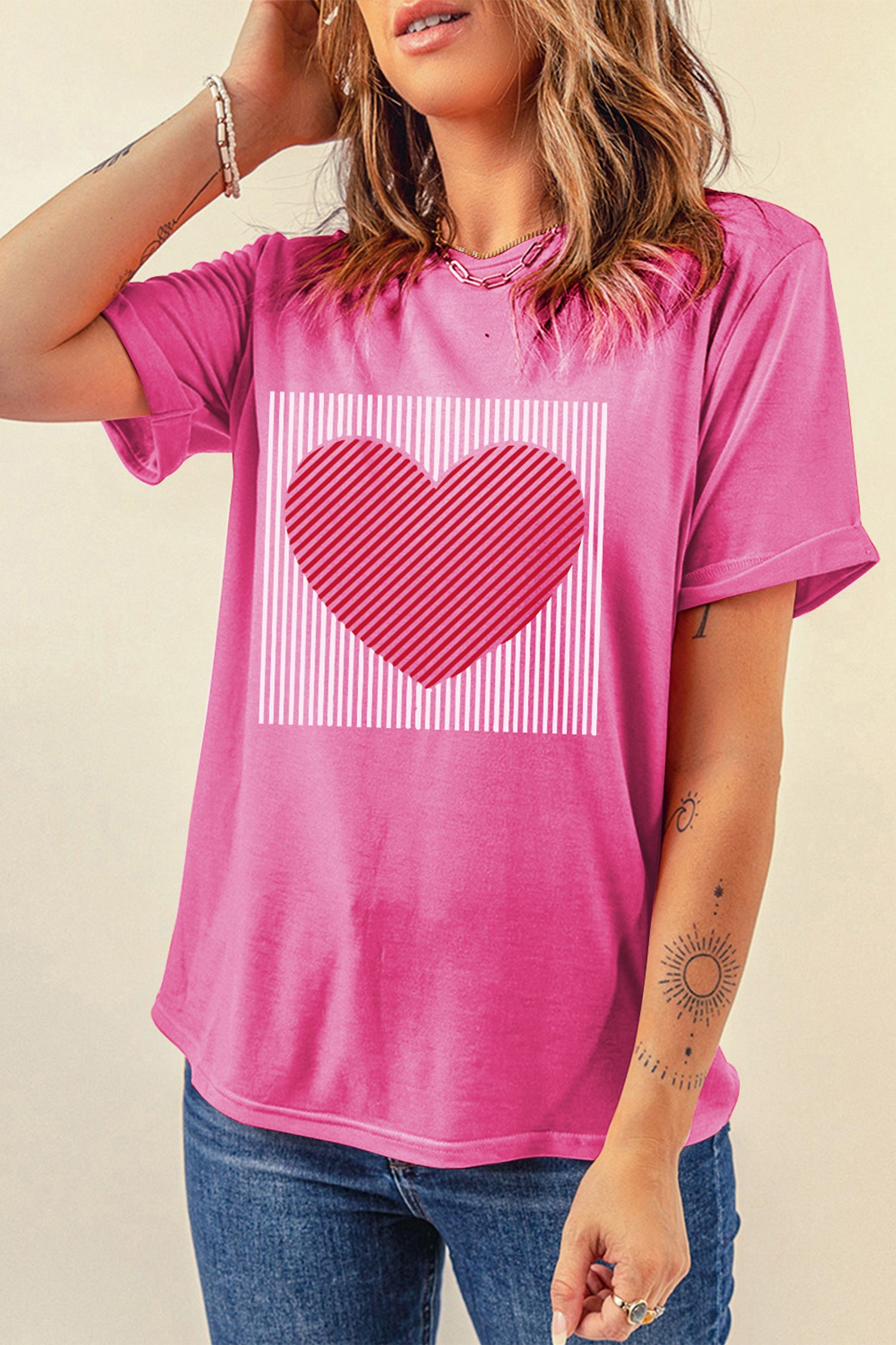 Sachet Pink Contrast Striped Heart Printed Valentines Day T Shirt-Graphic Tees-[Adult]-[Female]-2022 Online Blue Zone Planet