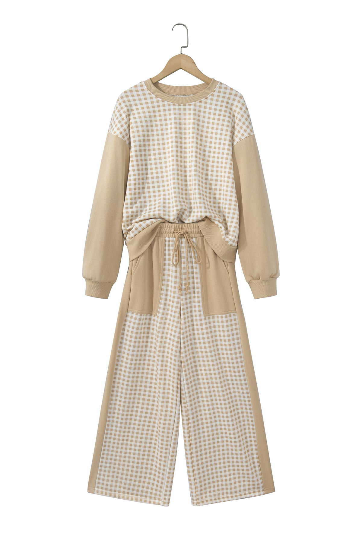 Khaki Color Block Plaid Patchwork Long Sleeve Pullover Wide Leg Pant Set-Two Piece Sets/Pant Sets-[Adult]-[Female]-2022 Online Blue Zone Planet