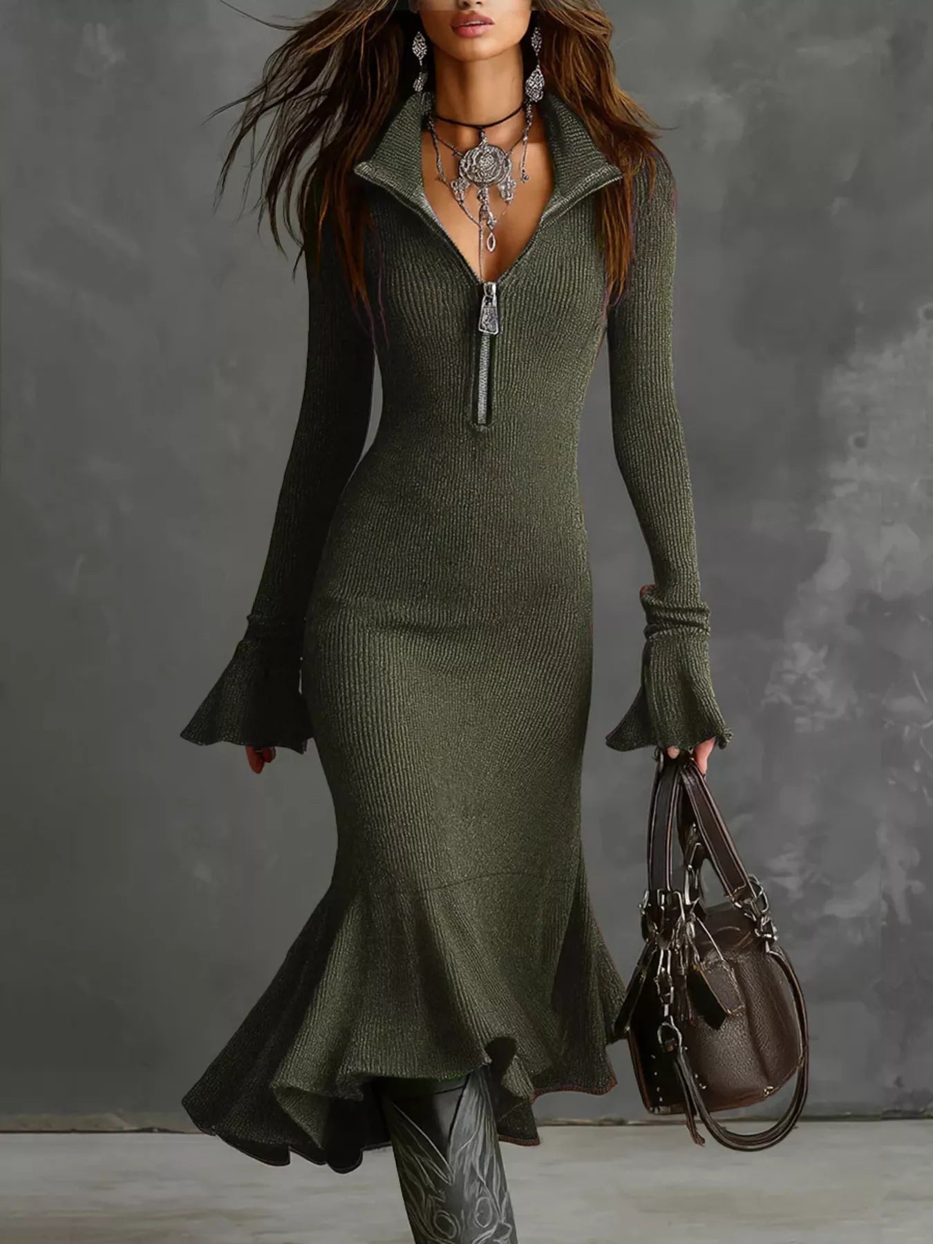 Ribbed Knit Zip Front Flare Hem Midi Dress - Army Green / S Ribbed Knit Zip Front Flare Hem Midi Dress - Army Green / S