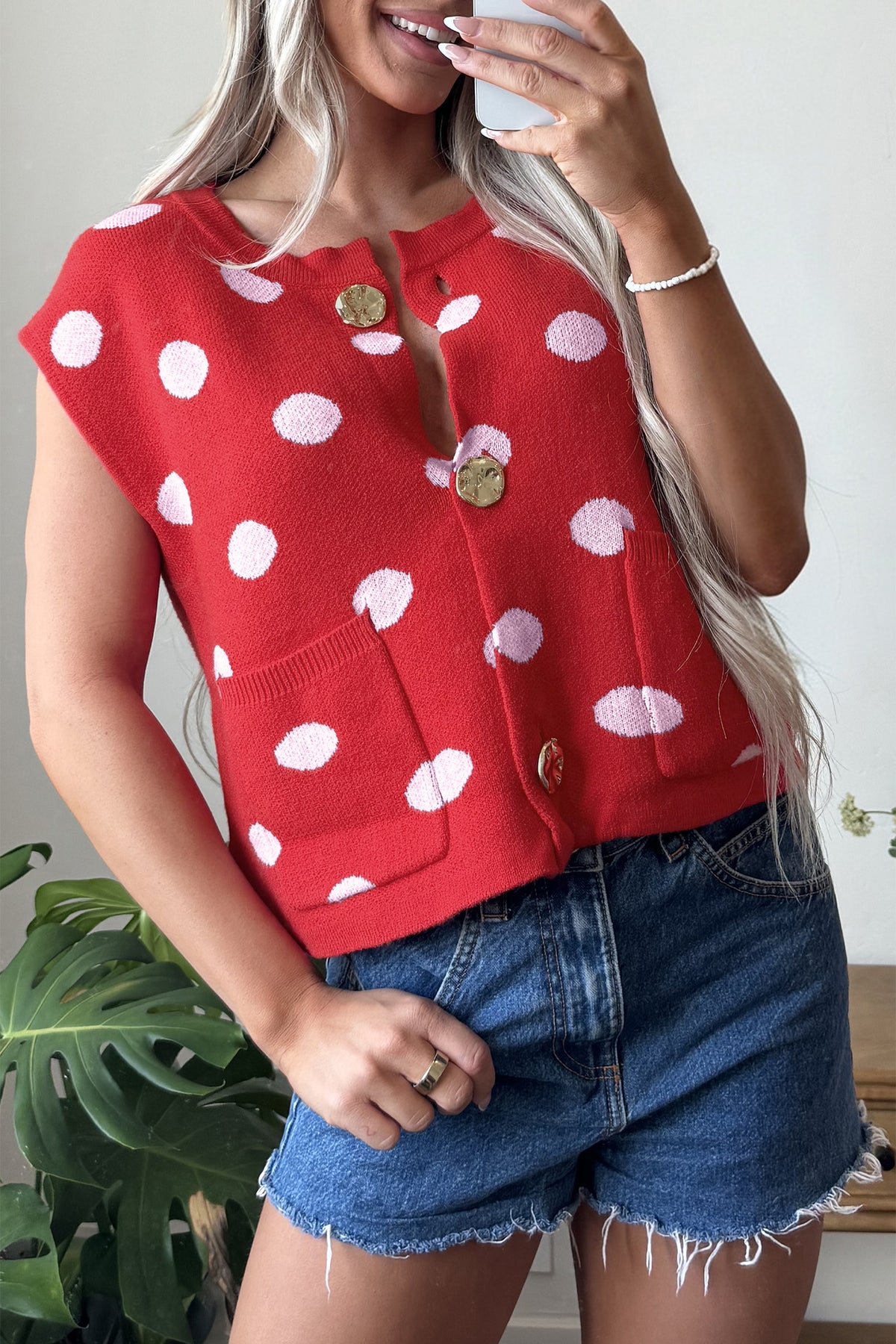 Red Polka Dot Sleeveless Knit Button Drop Shoulder Sweater Vest-TOPS / DRESSES-[Adult]-[Female]-2022 Online Blue Zone Planet
