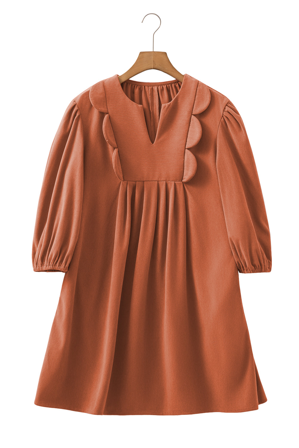 Cinnamon Bracelet Sleeve Split Neck Scallop Detail Pleated Corduroy Mini Dress-Bracelet-[Adult]-[Female]-2022 Online Blue Zone Planet