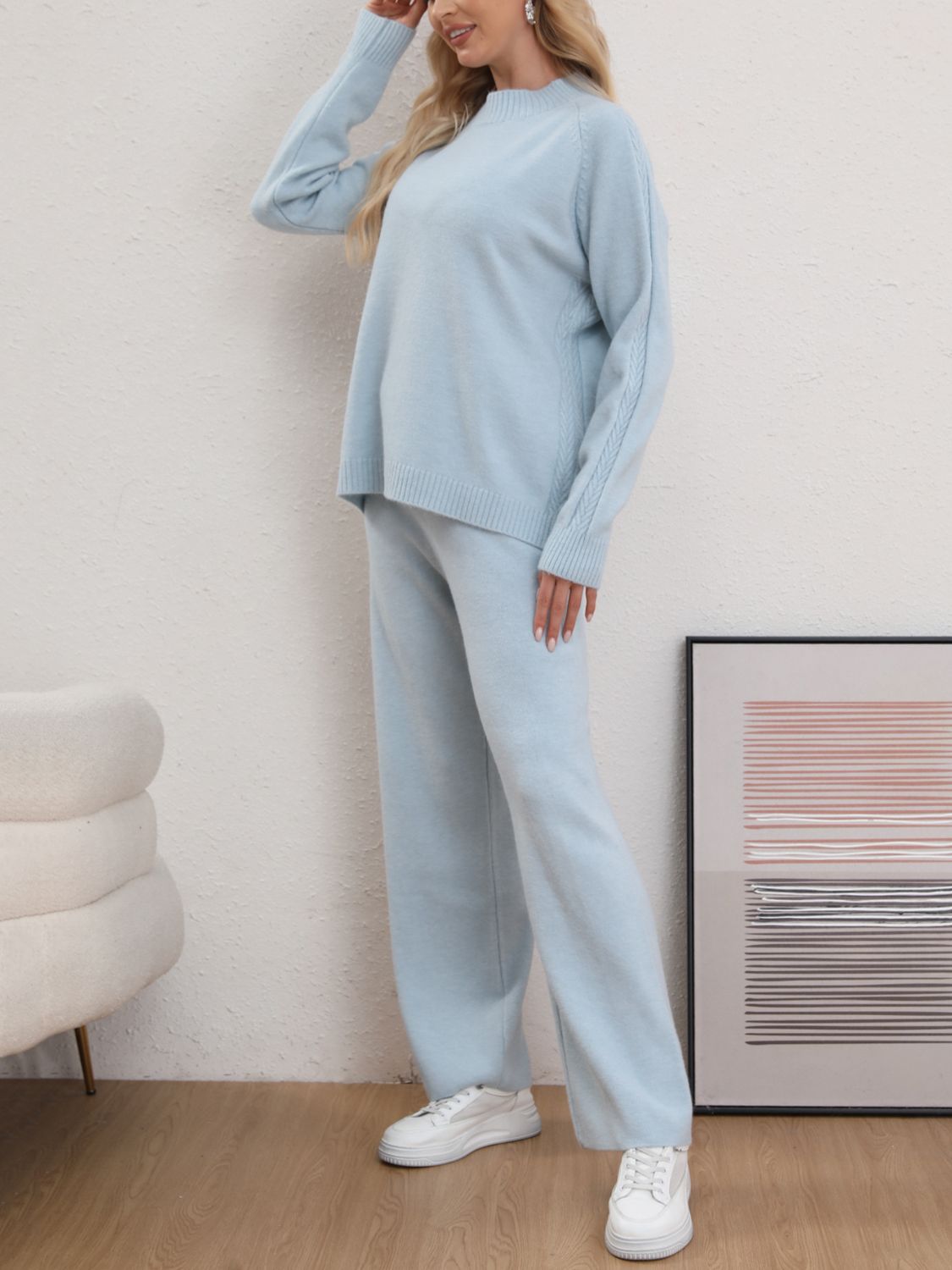 Mock Neck Long Sleeve Top and Pants Sweater Set-TOPS / DRESSES-[Adult]-[Female]-Light Blue-One Size-2022 Online Blue Zone Planet