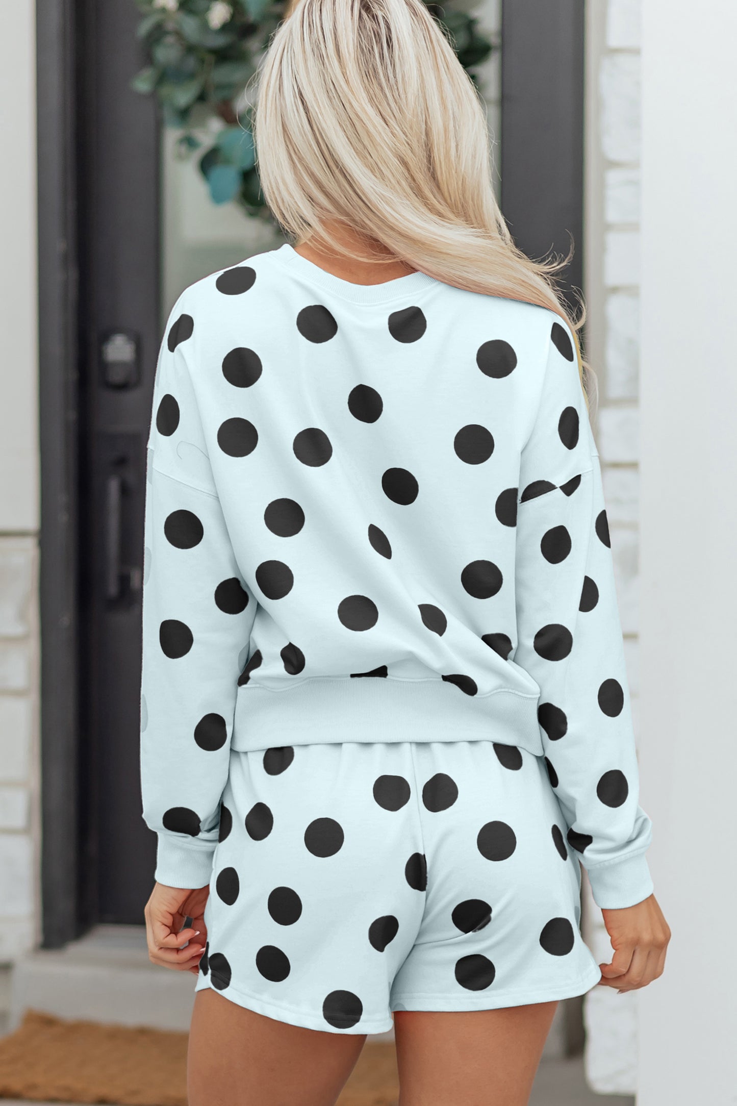 Sky Blue Polka Dot Print Drop Shoulder Pullover Drawstring Shorts Set-Two Piece Sets/Short Sets-[Adult]-[Female]-2022 Online Blue Zone Planet
