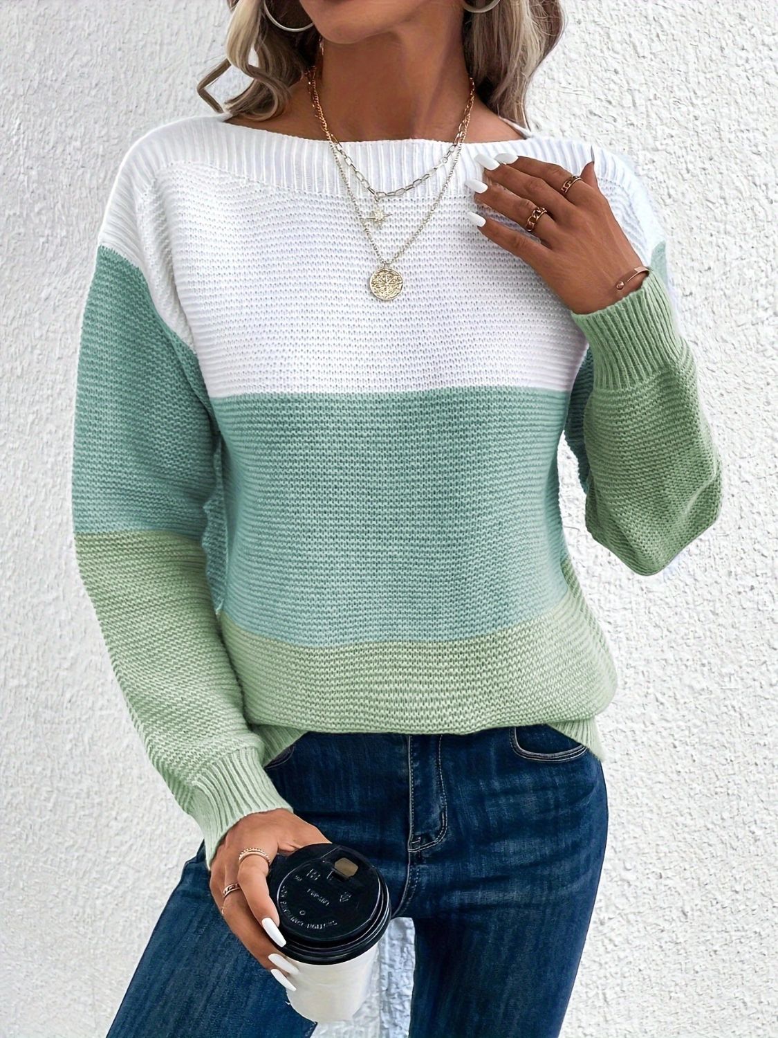 Blue Zone Planet | Color Block Boat Neck Sweater-TOPS / DRESSES-[Adult]-[Female]-2022 Online Blue Zone Planet