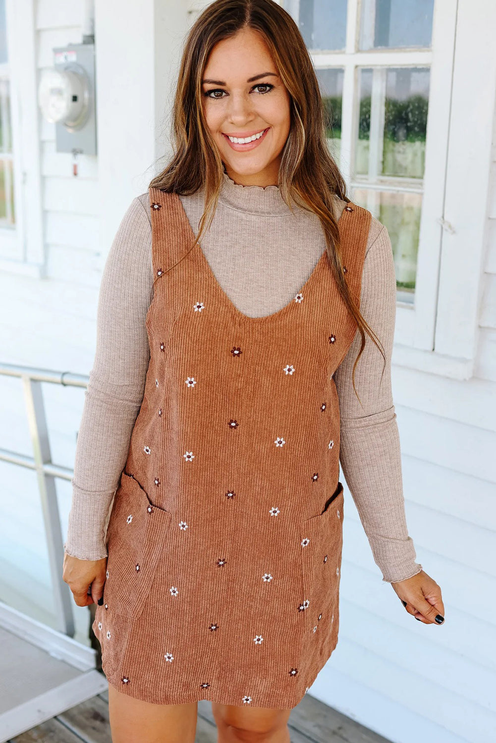 Gold Flame Flower Embroidered Corduroy Overall Mini Dress-Dresses/Mini Dresses-[Adult]-[Female]-2022 Online Blue Zone Planet