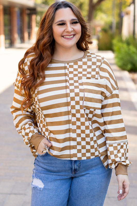 Khaki Striped Checkered Mixed Print Chest Pocket Casual Plus Size Top-Plus Size/Plus Size Tops/Plus Size Long Sleeve Tops-[Adult]-[Female]-Khaki-1X-2022 Online Blue Zone Planet