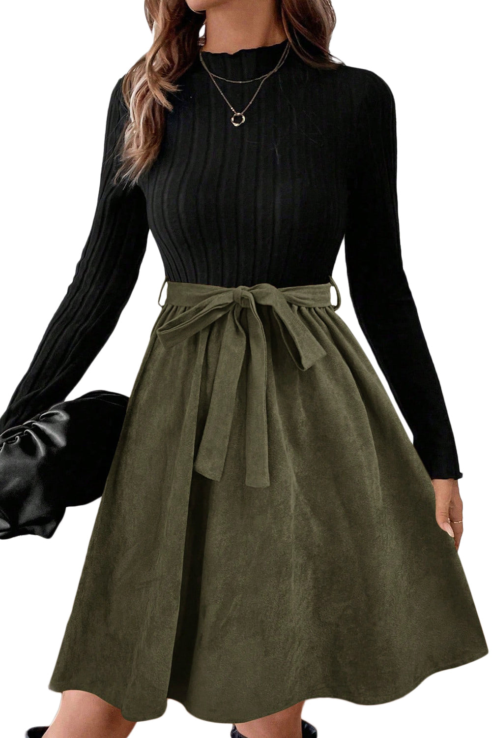 Black Ribbed Knit Slim Bodice Contrast Flared Skirt Patchwork Belted Dress Black / S / 95%Polyester+5%Elastane by Blue Zone Planet Black Ribbed Knit Slim Bodice Contrast Flared Skirt Patchwork Belted Dress Black / S / 95%Polyester+5%Elastane by Blue Zone Planet
