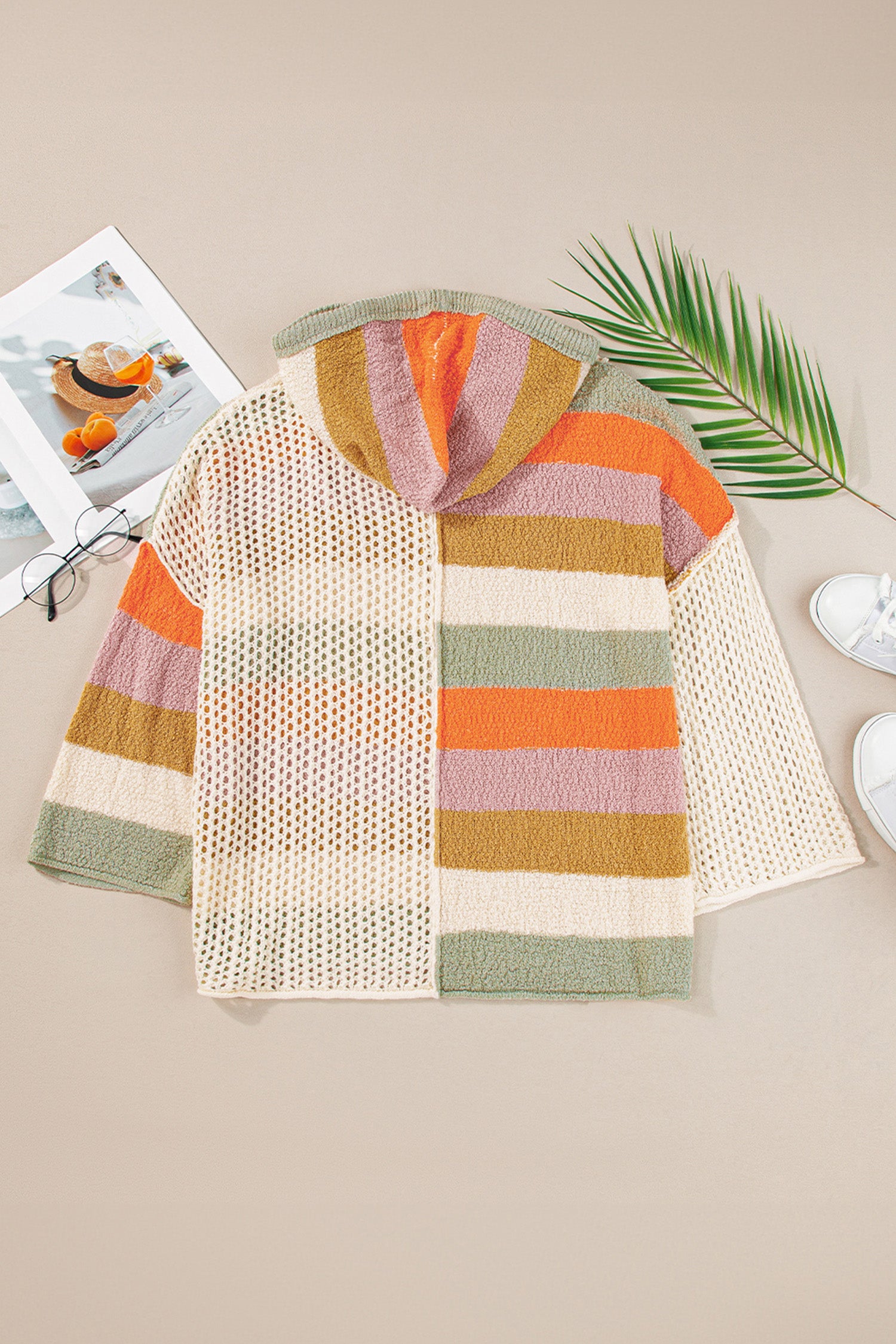 Blue Zone Planet | Beige Oversized Colorblock V Neck Hooded Sweater-Tops / Dresses-[Adult]-[Female]-2022 Online Blue Zone Planet