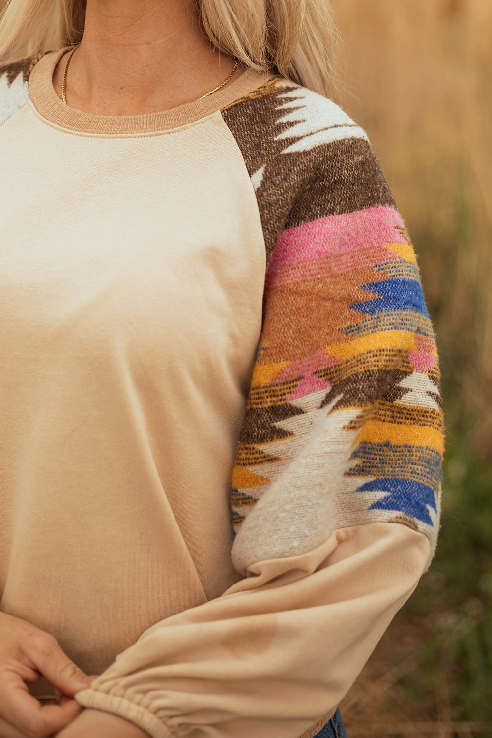 Light French Beige Aztec Patchwork Raglan Pullover Sweatshirt-Tops/Sweatshirts & Hoodies-[Adult]-[Female]-2022 Online Blue Zone Planet