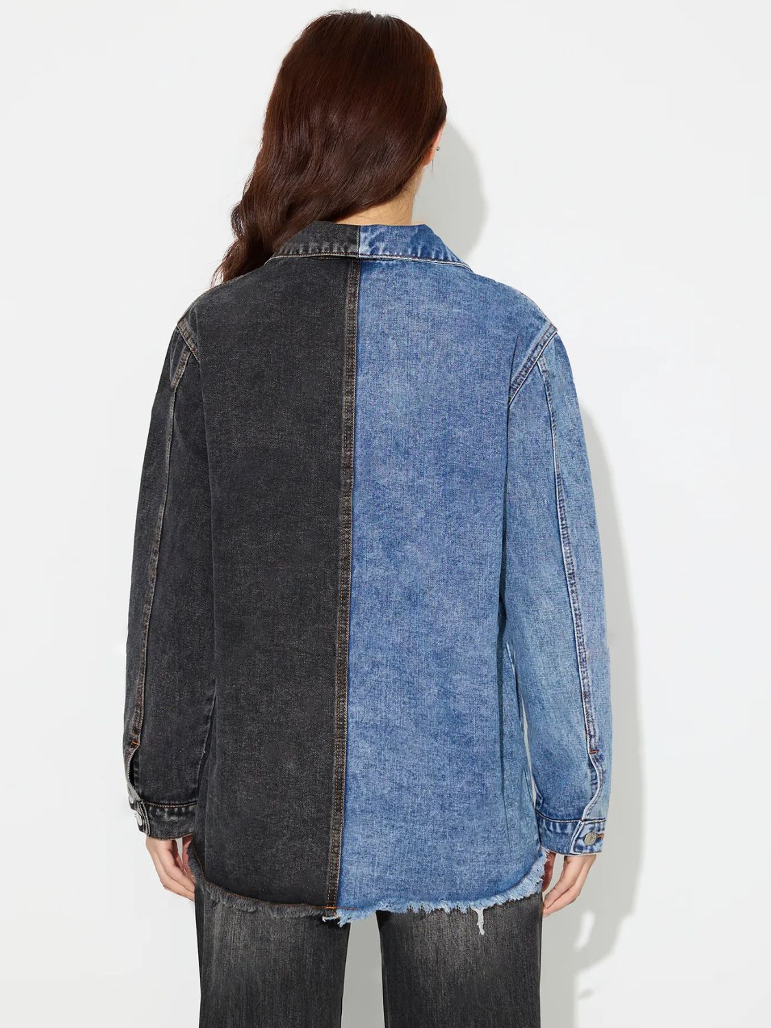 Raw Hem Contrast Collared Neck Denim Top-TOPS / DRESSES-[Adult]-[Female]-2022 Online Blue Zone Planet