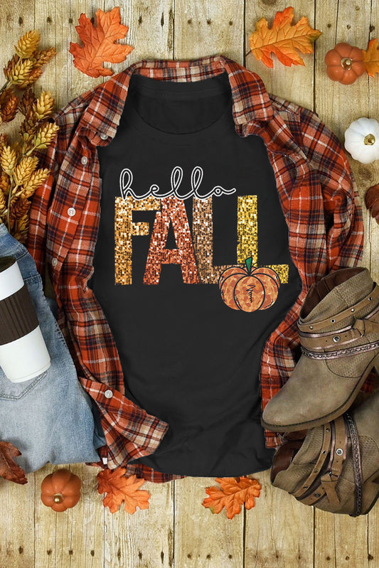 Black Hello Fall Letter Pumpkin Printed Thanksgiving T Shirt-Graphic/Graphic Tees-[Adult]-[Female]-Black-S-2022 Online Blue Zone Planet