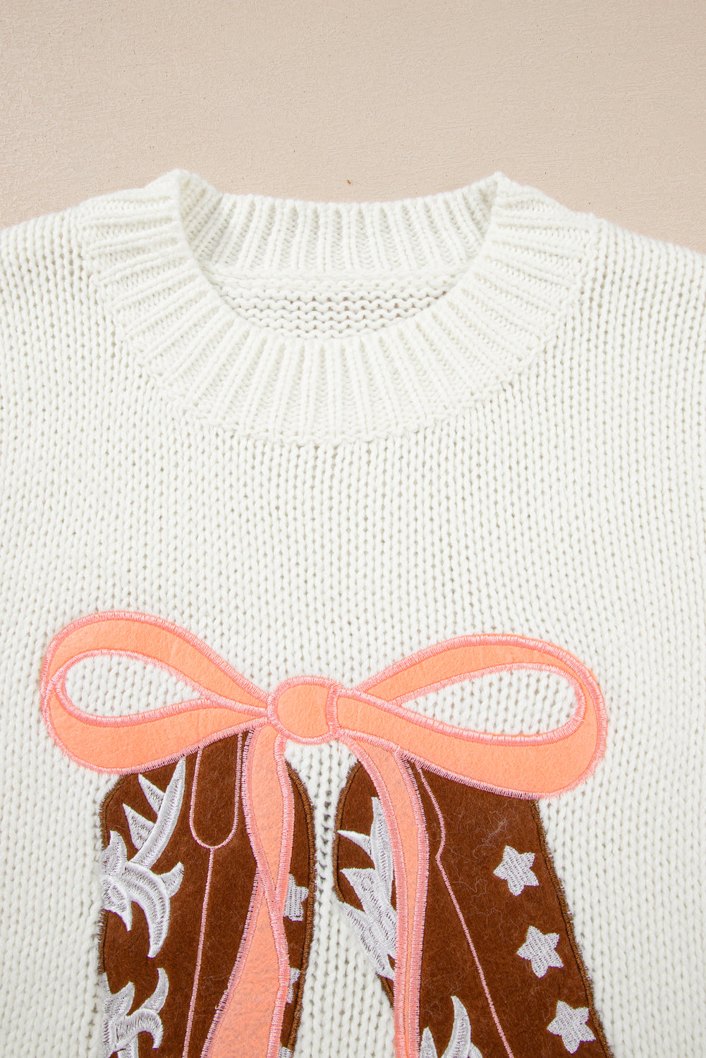 White Embroidered Bow Boots Graphic Drop Shoulder Sweater-TOPS / DRESSES-[Adult]-[Female]-2022 Online Blue Zone Planet