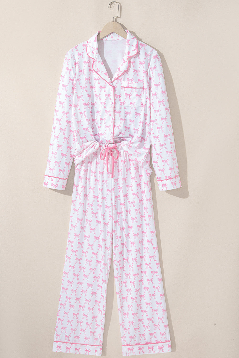 Pink Bow Print Long Sleeve Shirt and Pants Soft Pajama Set-Loungewear & Sleepwear/Sleepwear-[Adult]-[Female]-2022 Online Blue Zone Planet