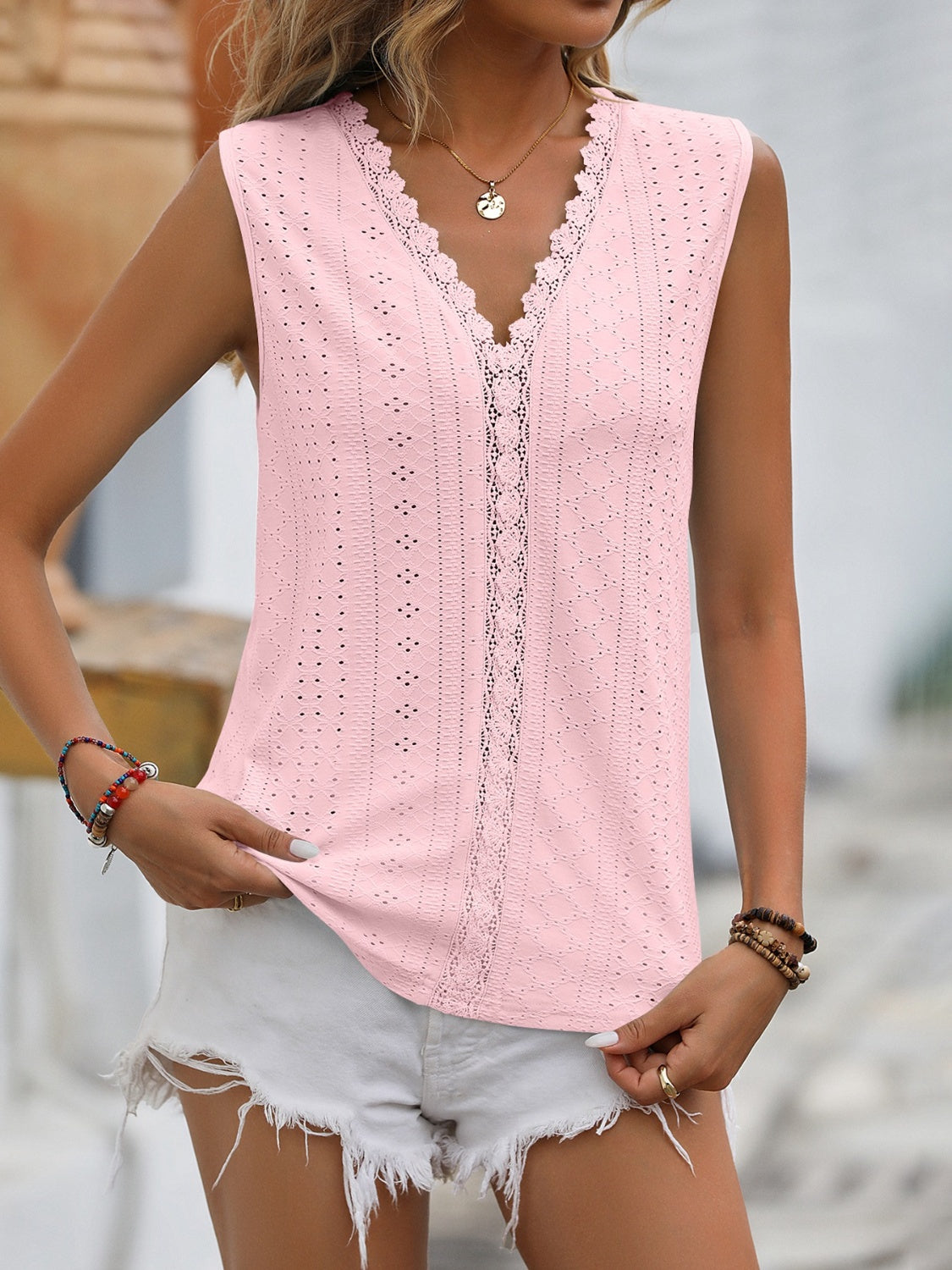 Mandy Lace Detail Eyelet V-Neck Tank-TOPS / DRESSES-[Adult]-[Female]-Blush Pink-S-2022 Online Blue Zone Planet