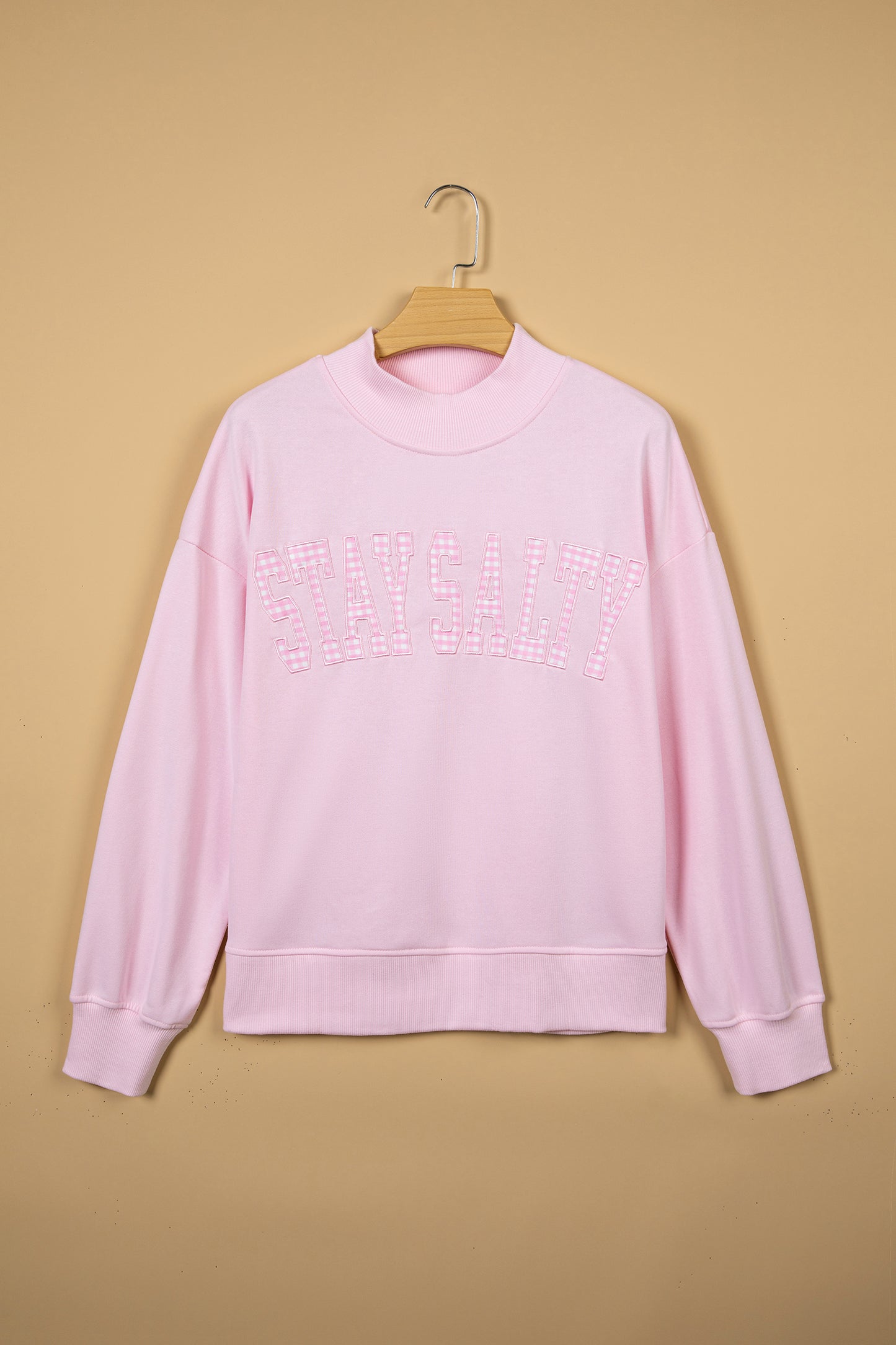 Pink Stay Salty Embroidered Long Sleeve Stand Neck Shift Pullover Sweatshirt-Tops/Sweatshirts & Hoodies-[Adult]-[Female]-2022 Online Blue Zone Planet