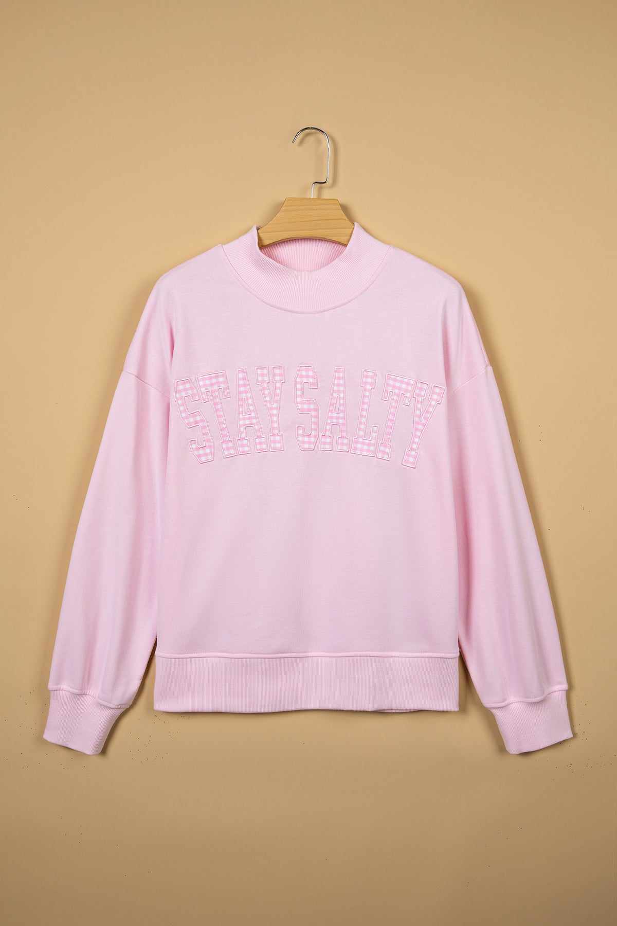 Pink Stay Salty Embroidered Long Sleeve Stand Neck Shift Pullover Sweatshirt-Tops/Sweatshirts & Hoodies-[Adult]-[Female]-2022 Online Blue Zone Planet