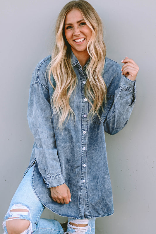 Sky Blue Vintage Washed Chest Pocket Denim Shirt-Sale (50% OFF)/30% OFF-[Adult]-[Female]-Sky Blue-S-2022 Online Blue Zone Planet