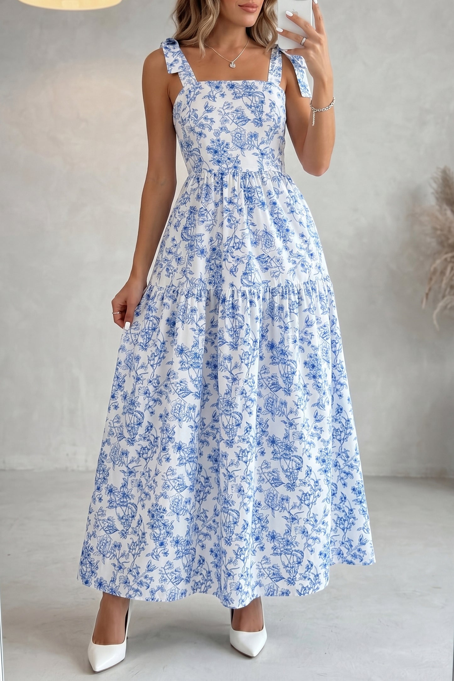 Sky Blue Floral Print Knot Straps High Waist Flared Maxi Dress
