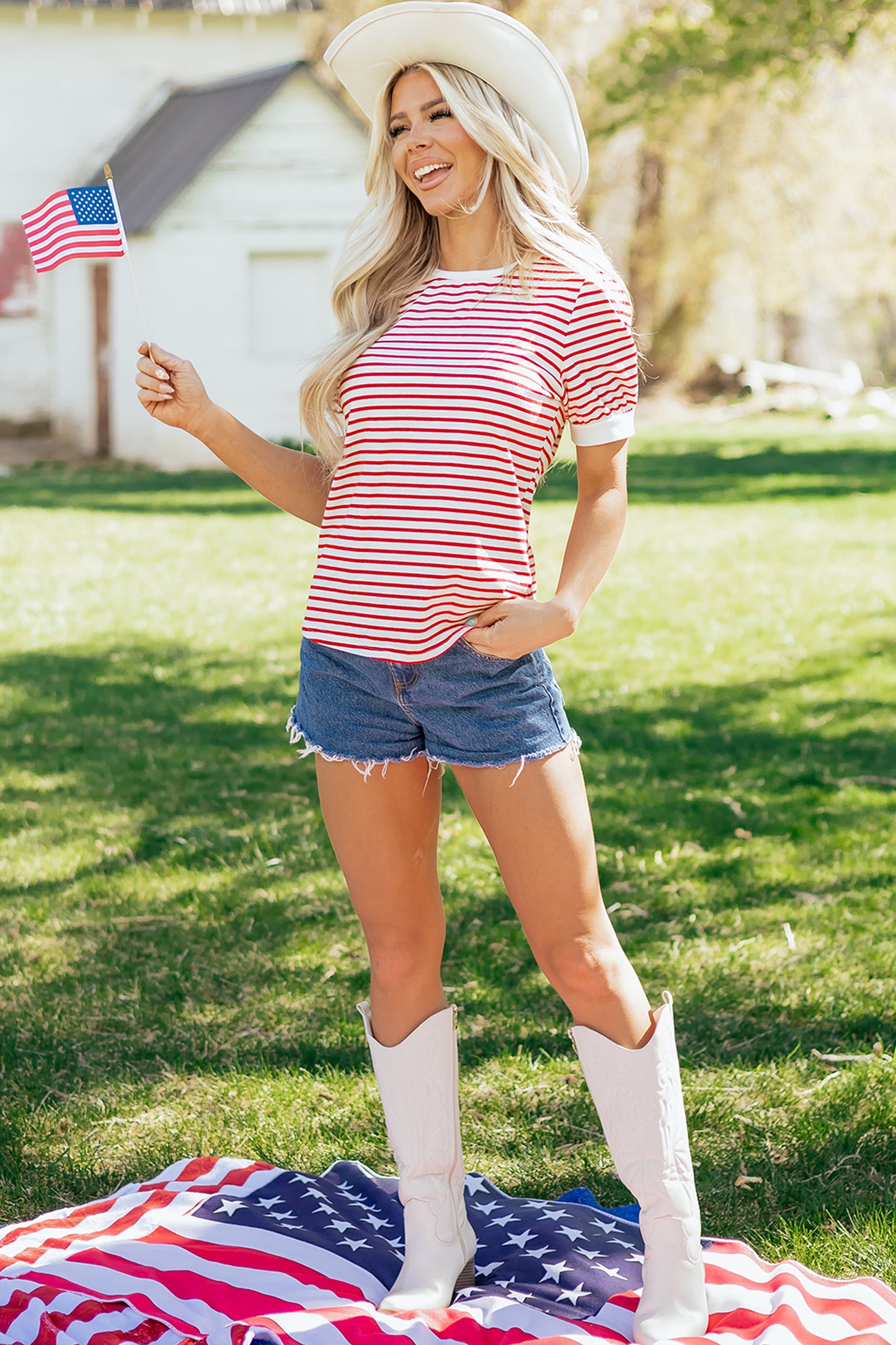 Red Stripe Contrast Trim Round Neck Short Puff Sleeve T Shirt-Tops/Tops & Tees-[Adult]-[Female]-2022 Online Blue Zone Planet