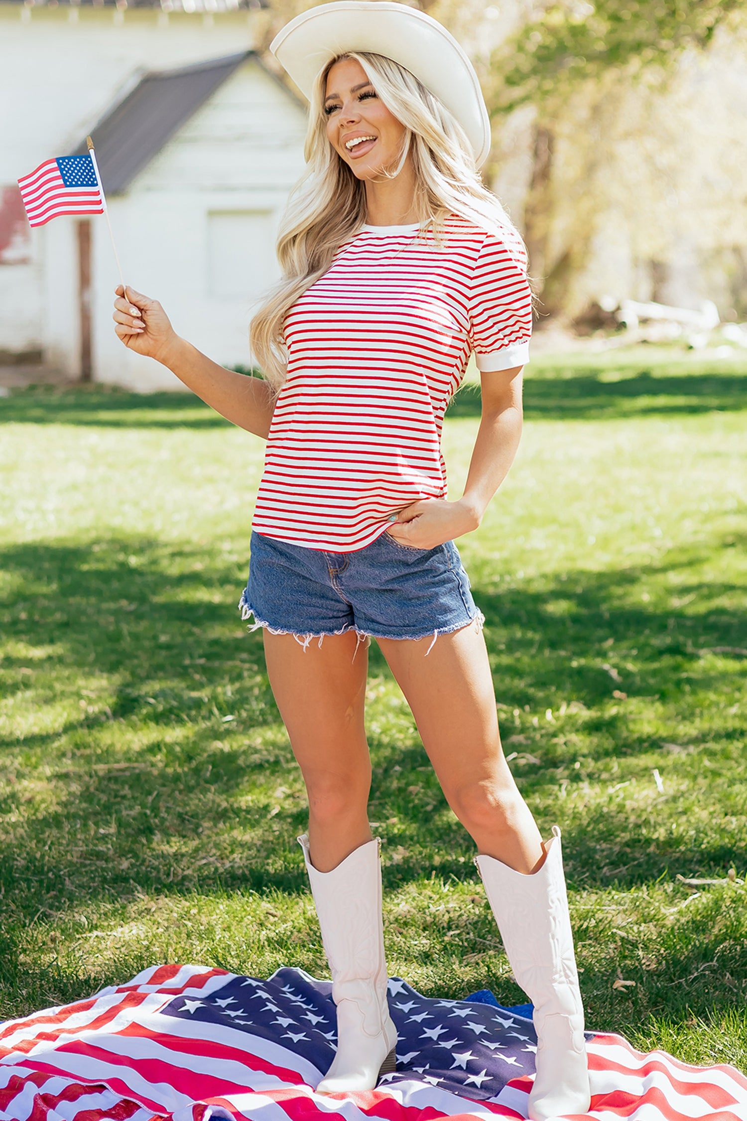 Red Stripe Contrast Trim Round Neck Short Puff Sleeve T Shirt-Tops/Tops & Tees-[Adult]-[Female]-2022 Online Blue Zone Planet