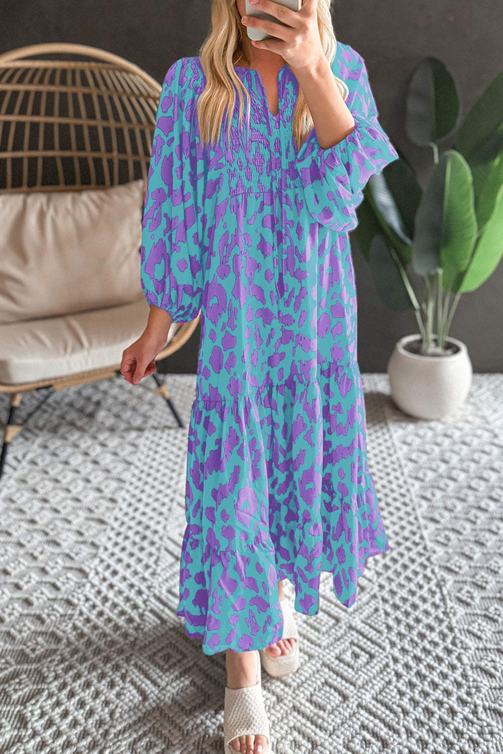 Sky Blue Abstract Print Puff Sleeve Tied Notched Neck Long Dress-Dresses/Maxi Dresses-[Adult]-[Female]-Sky Blue-S-2022 Online Blue Zone Planet