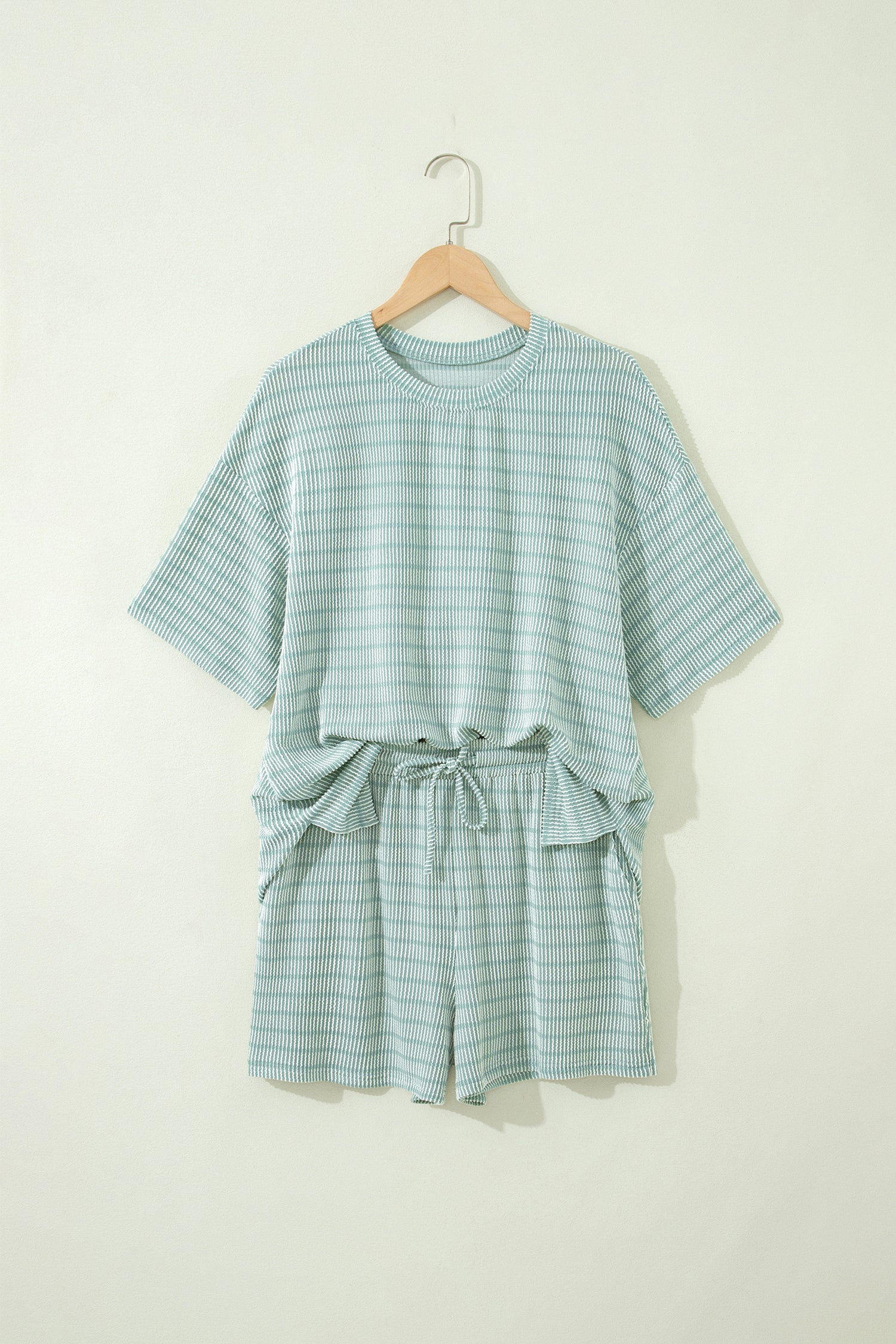 Rose Stripe Raised Rib Loose Tee Drawstring Elastic Waist 2pcs Short Set-Two Piece Sets/Short Sets-[Adult]-[Female]-2022 Online Blue Zone Planet