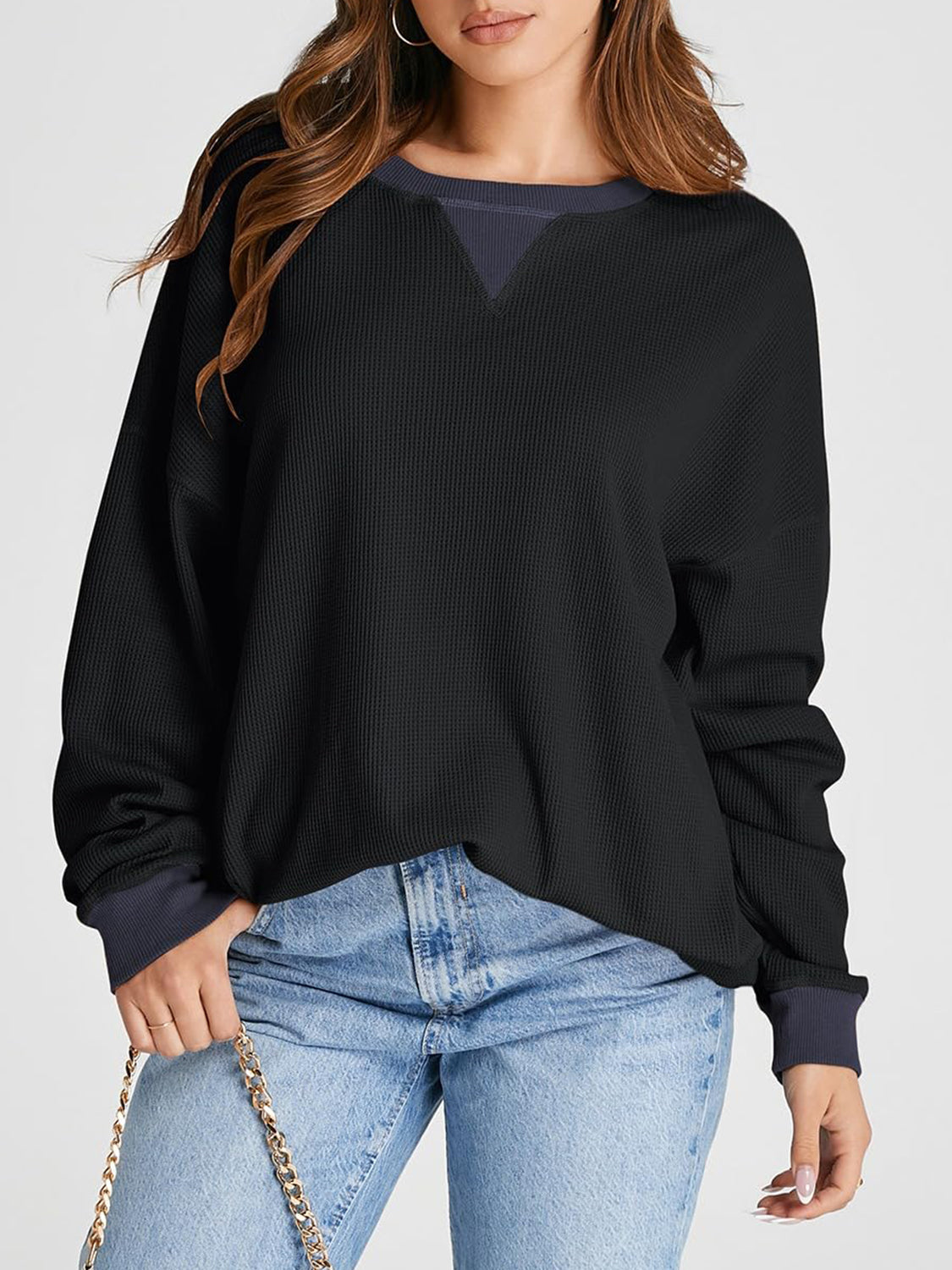 Waffle Knit Round Neck Long Sleeve T-Shirt-TOPS / DRESSES-[Adult]-[Female]-Black-S-2022 Online Blue Zone Planet