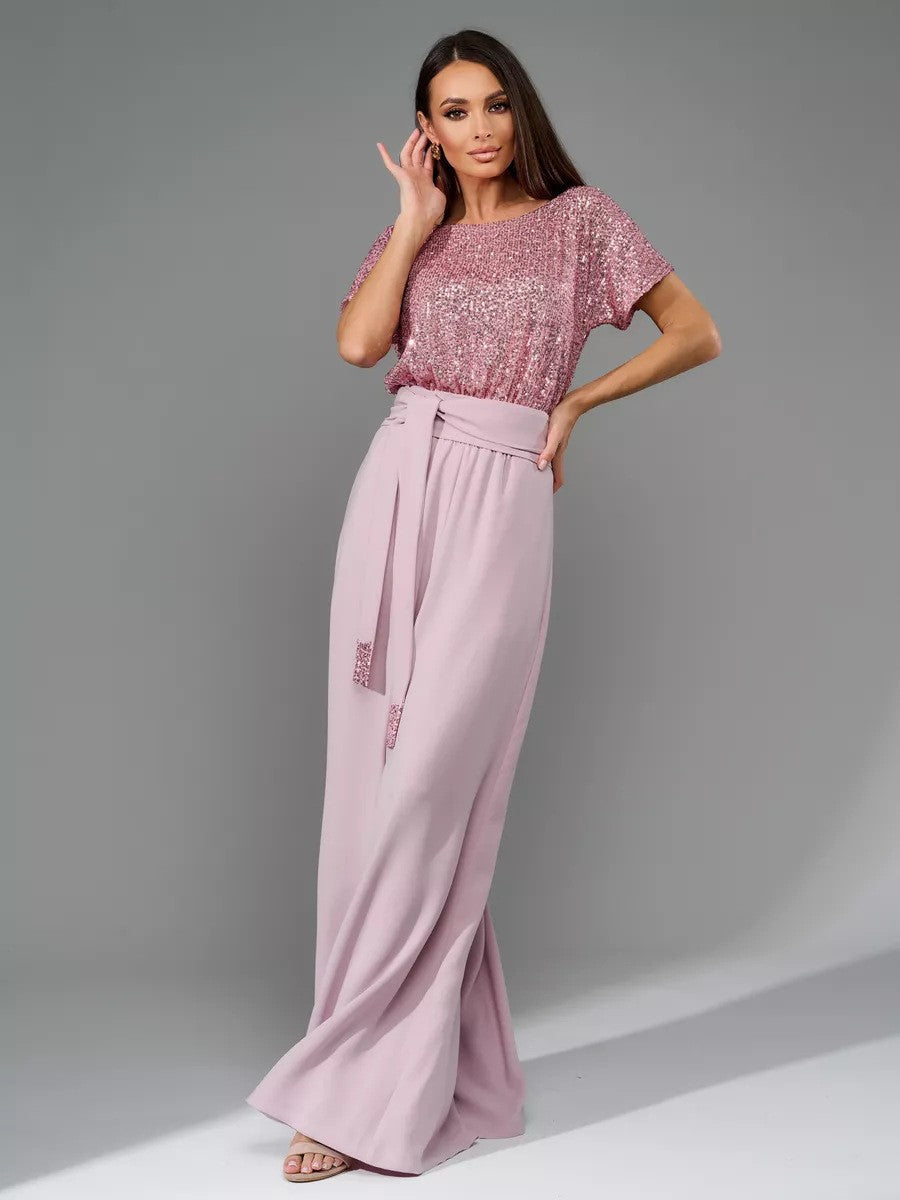 Full Size Sequin Round Neck Short Sleeve Wide Leg Jumpsuit-TOPS / DRESSES-[Adult]-[Female]-Dusty Pink-S-2022 Online Blue Zone Planet