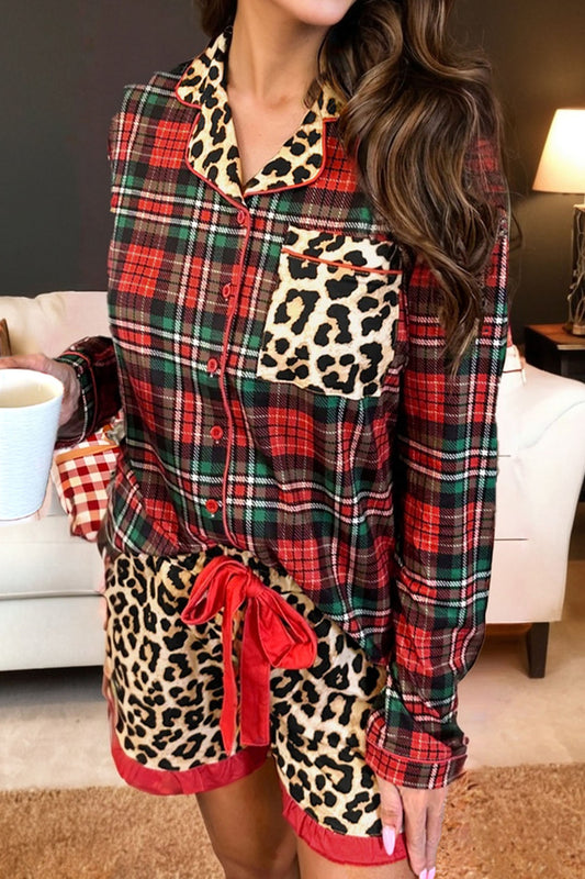 Racing Red Retro Plaid Leopard Print Patchwork Long Sleeve Shorts Pajama Set-Loungewear & Sleepwear/Sleepwear-[Adult]-[Female]-2022 Online Blue Zone Planet