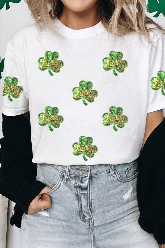 White Sequin Lucky Clover Patched Casual Round Neck Tee-Graphic/Graphic Tees-[Adult]-[Female]-White-S-2022 Online Blue Zone Planet