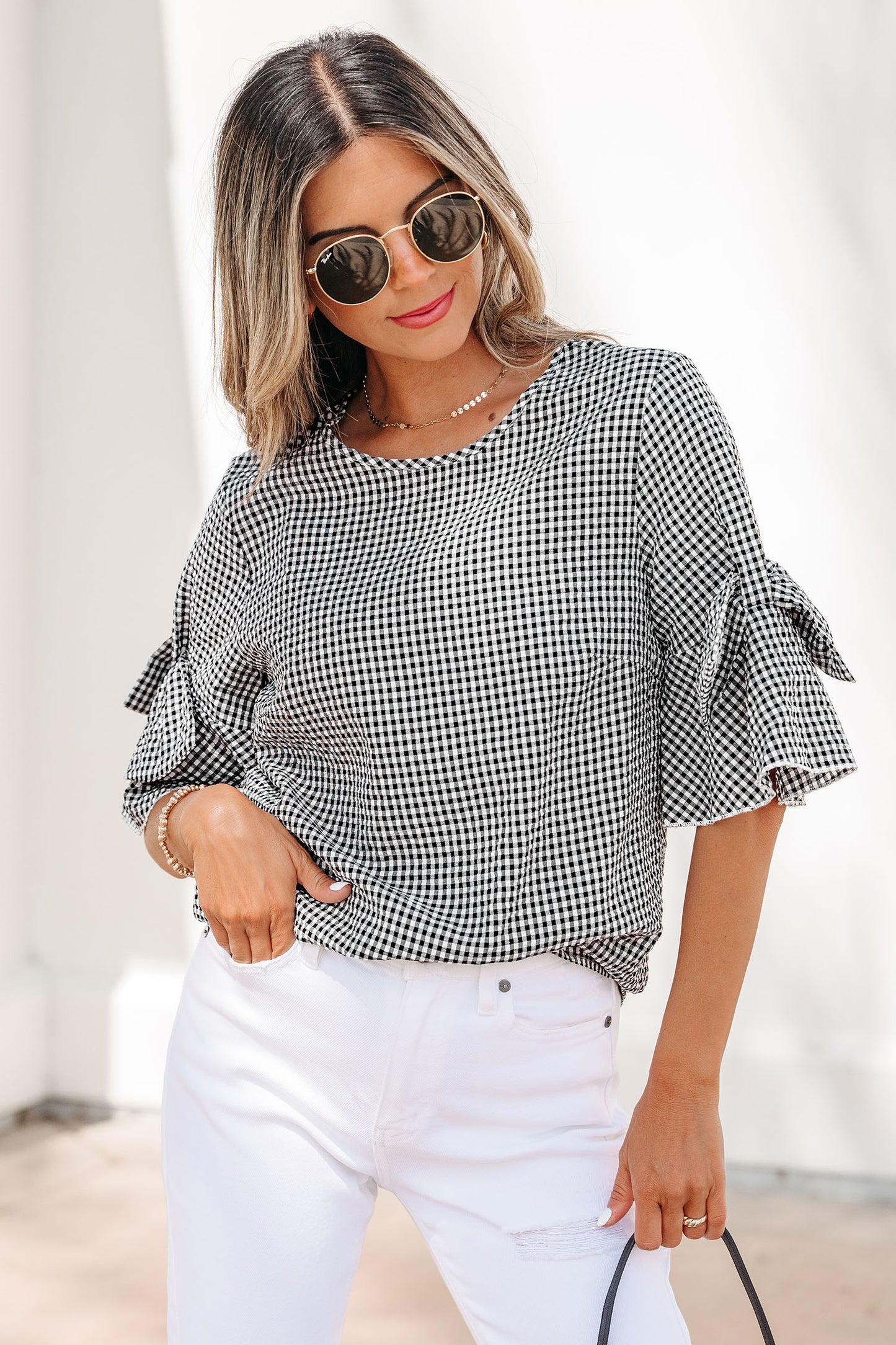 Black Plaid Bow Ruffled Half Sleeve Round Neck Blouse-Tops/Blouses & Shirts-[Adult]-[Female]-2022 Online Blue Zone Planet
