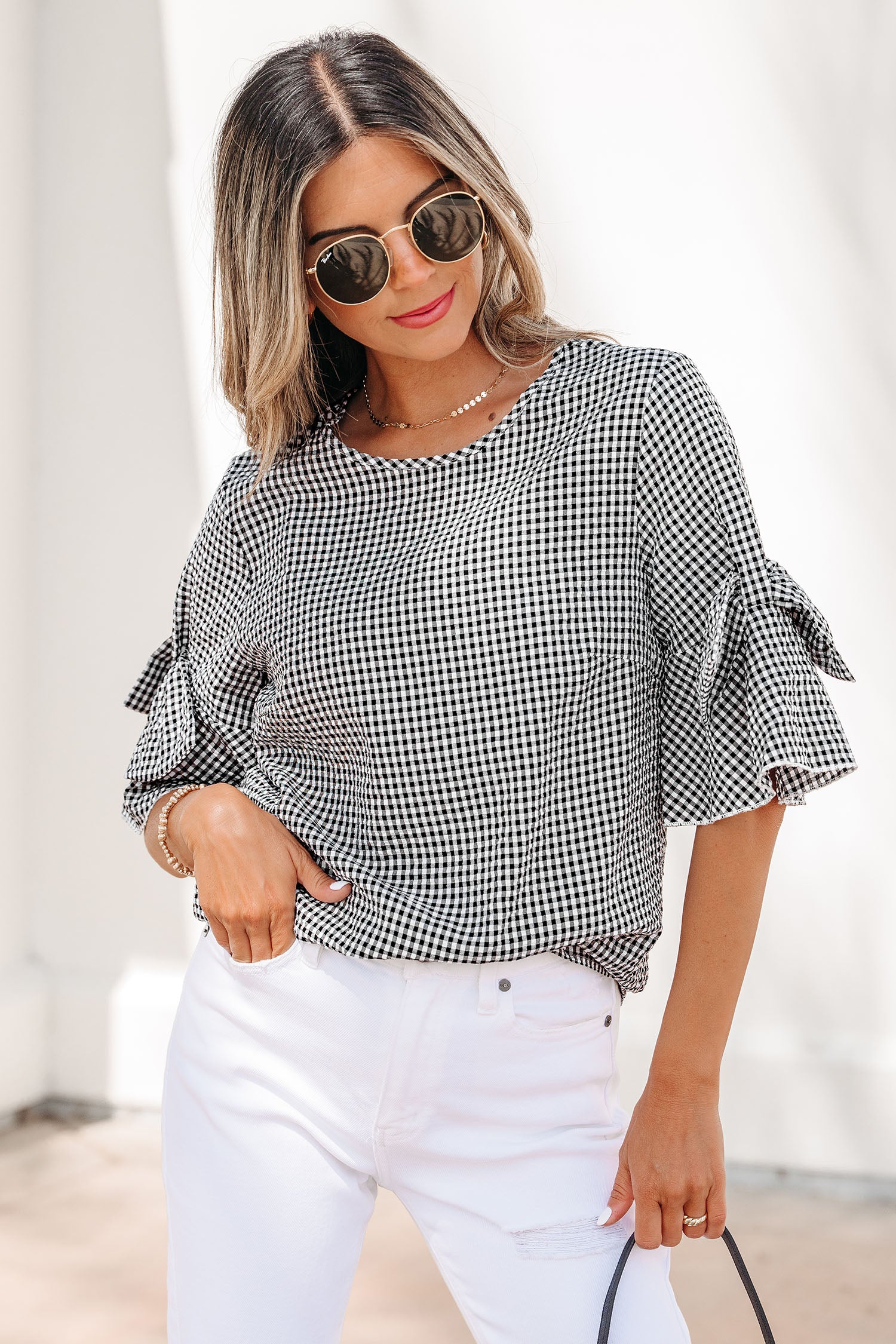Black Plaid Bow Ruffled Half Sleeve Round Neck Blouse-Tops/Blouses & Shirts-[Adult]-[Female]-2022 Online Blue Zone Planet