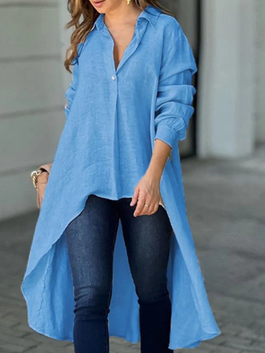 Full Size High-Low Collared Neck Long Sleeve Shirt-TOPS / DRESSES-[Adult]-[Female]-Cerulean-S-2022 Online Blue Zone Planet