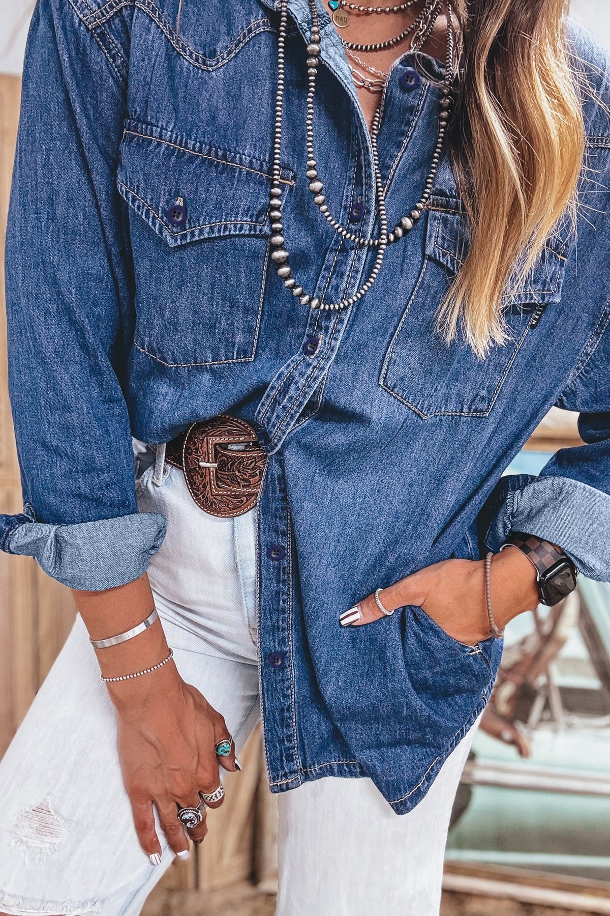 Sail Blue Western Patch Pockets Tunic Length Long Sleeve Denim Shirt-Tops/Blouses & Shirts-[Adult]-[Female]-2022 Online Blue Zone Planet
