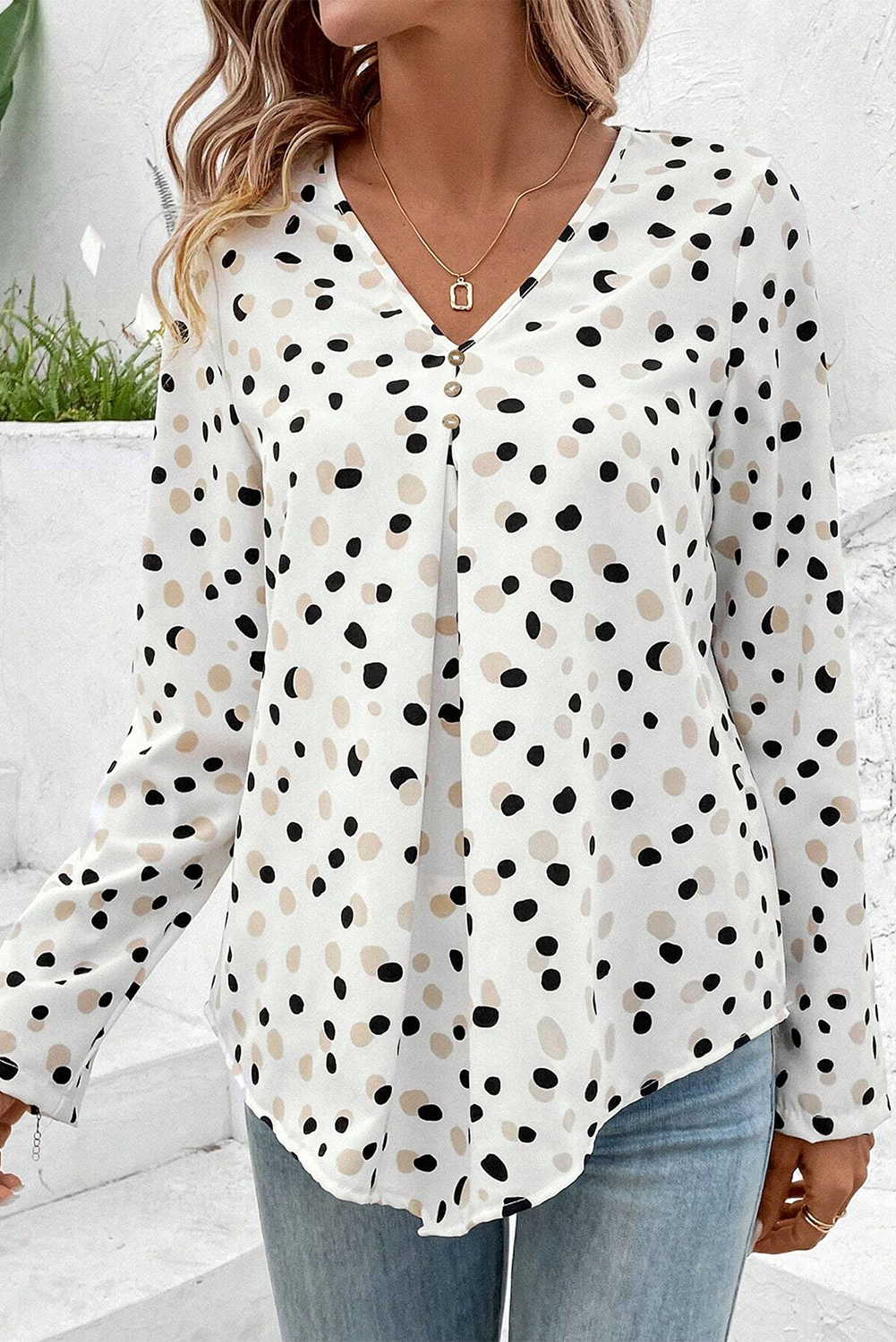 White Polka Dot Print Button Front V Neck Blouse-Tops/Blouses & Shirts-[Adult]-[Female]-2022 Online Blue Zone Planet