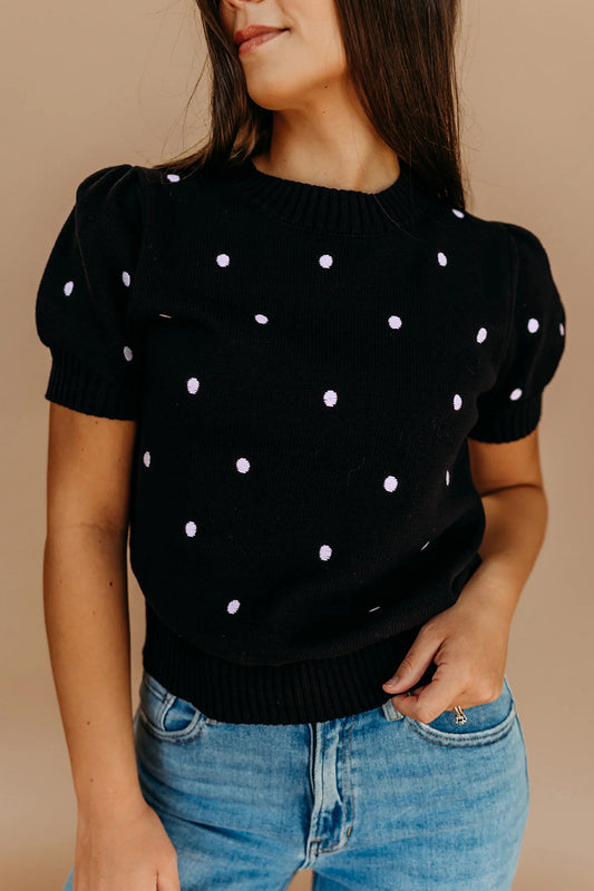 Black Elegant Polka Dot Bubble Short Sleeve Sweater-TOPS / DRESSES-[Adult]-[Female]-Black-S-2022 Online Blue Zone Planet