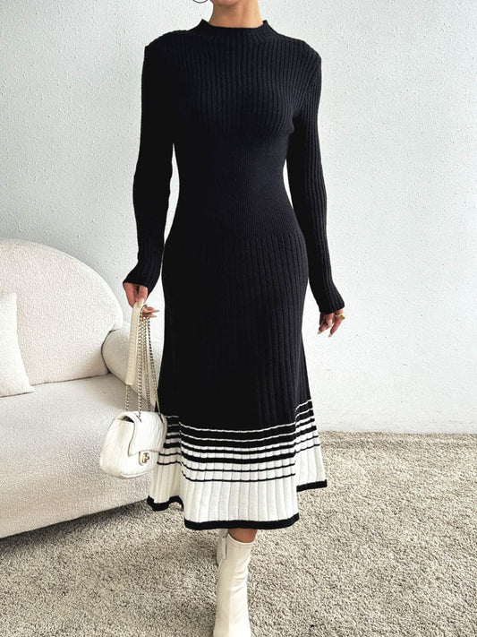 Contrast Mock Neck Long Sleeve Sweater Dress-TOPS / DRESSES-[Adult]-[Female]-Black-S-2022 Online Blue Zone Planet